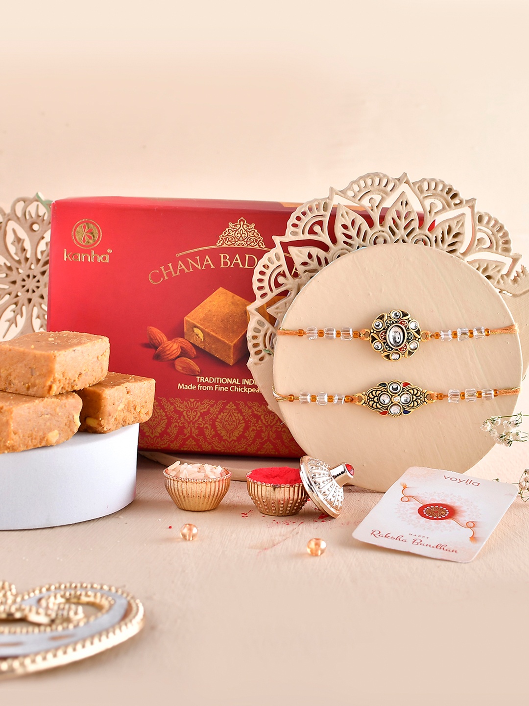

Voylla Men Set Of 2 Red Rakhi With Chana Badam Barfi 250 Gms
