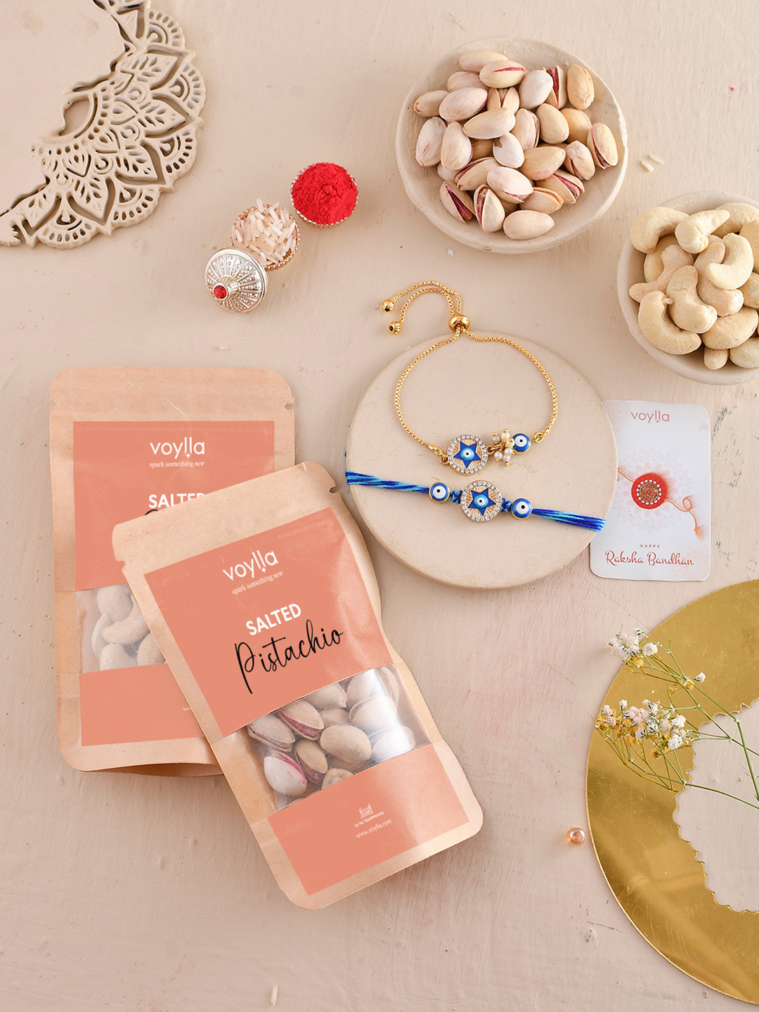 

Voylla Set Of 4 Rakhis with Salted Pista And Kaju, Beige