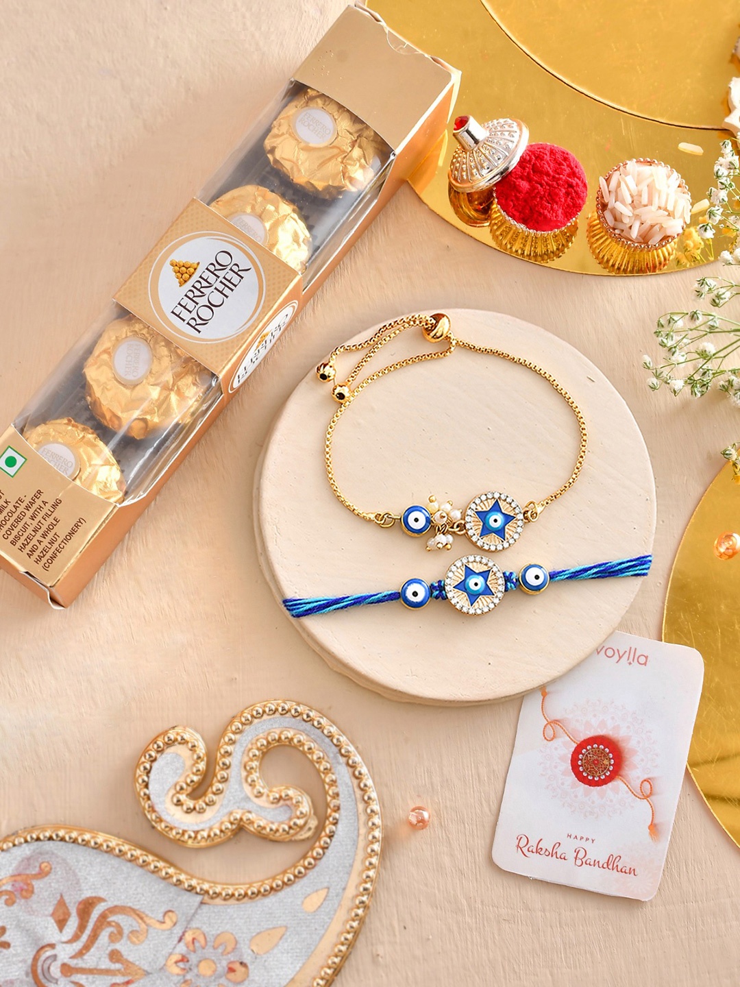 

Voylla Unisex Set Of 4 Rakhis with Ferrero Rocher, Beige