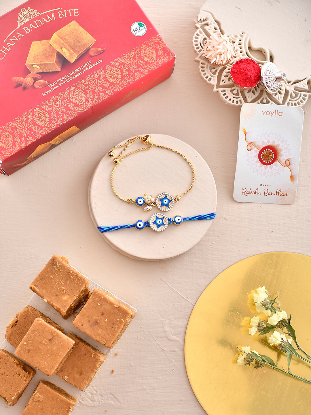 

Voylla Unisex Set Of 3 Rakhi With Chana Badam Barfi 250gm, Blue