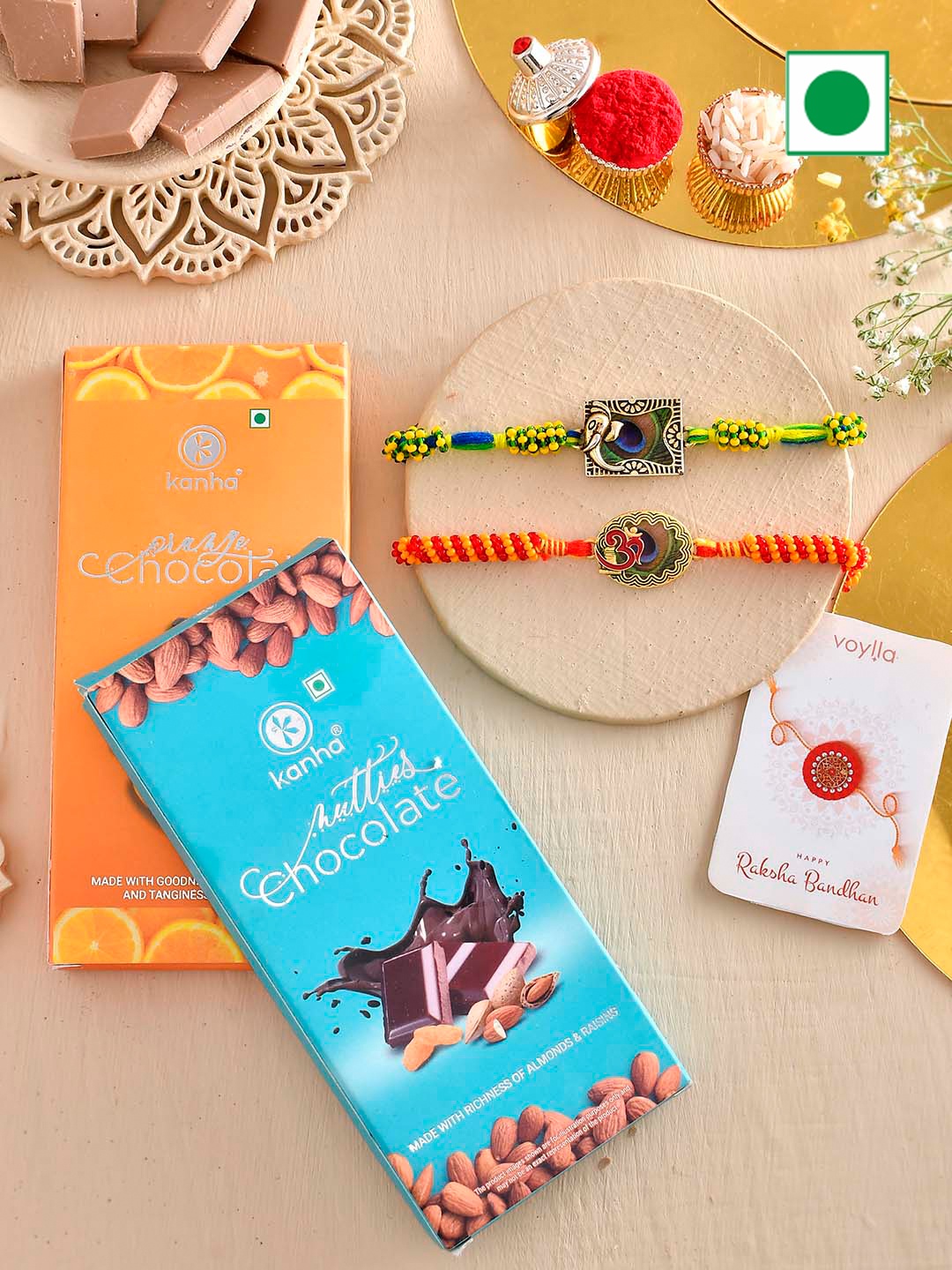 

Voylla Set Of 2 Rakhi With Orange And Nutty Chocolate Bar, Red