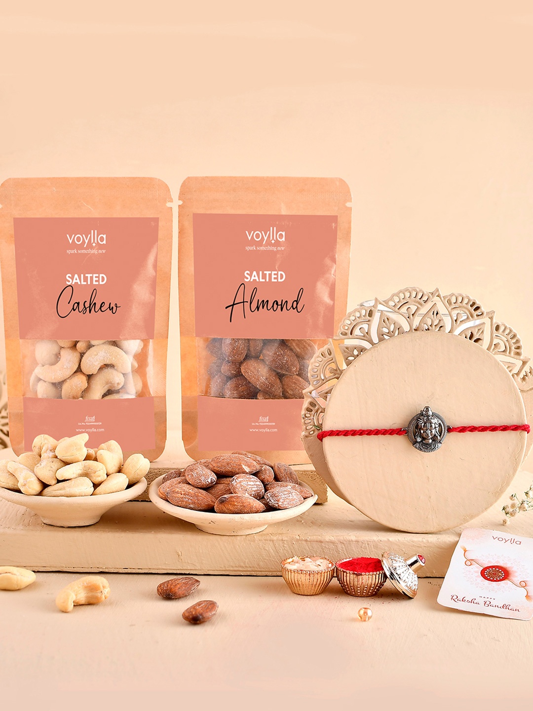

Voylla Men Set Of 3 Rakhi With Salted Kaju & Badam, Beige