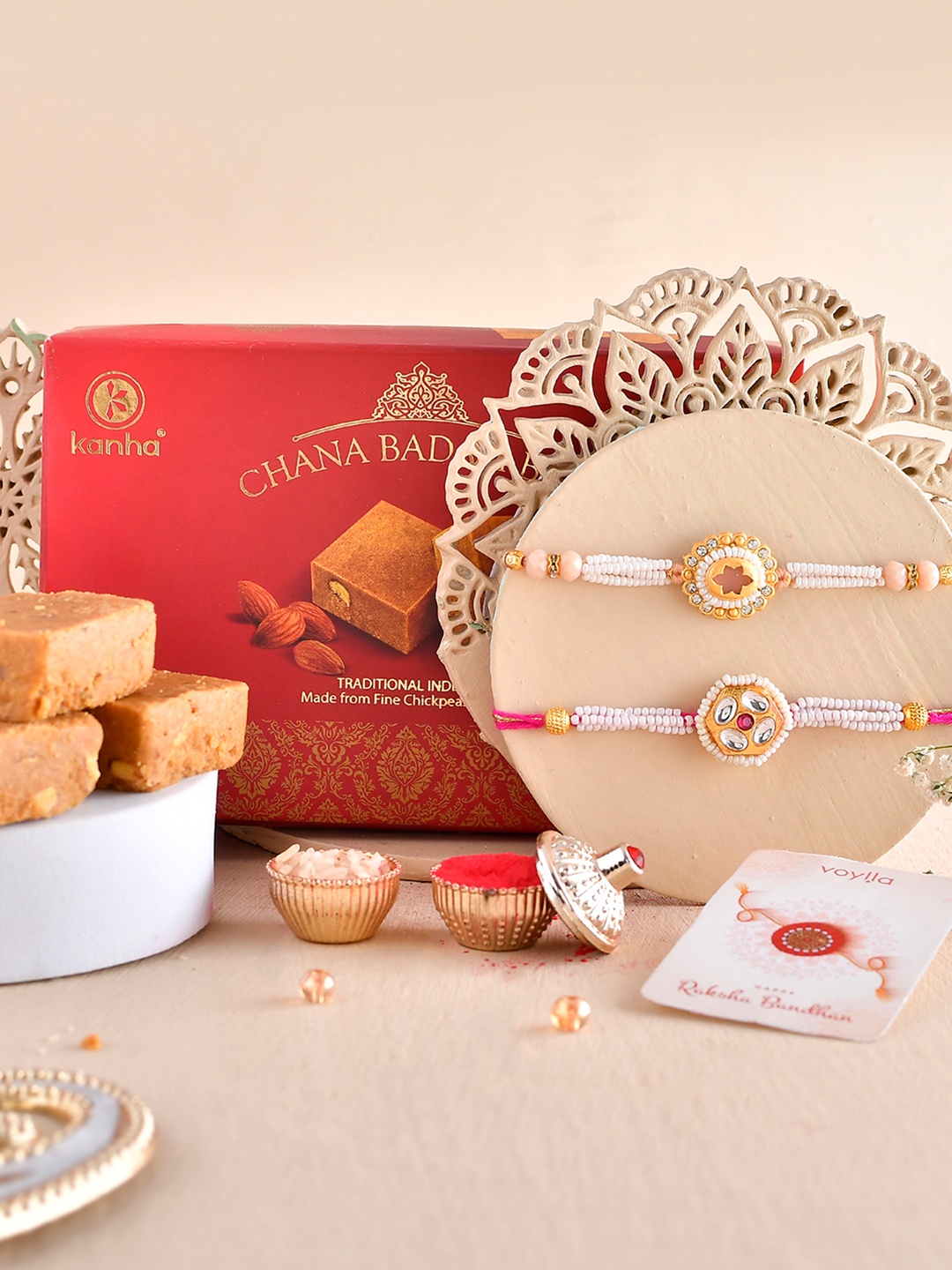 

Voylla Set Of 2 Rakhi With Chana Badam Barfi, Red