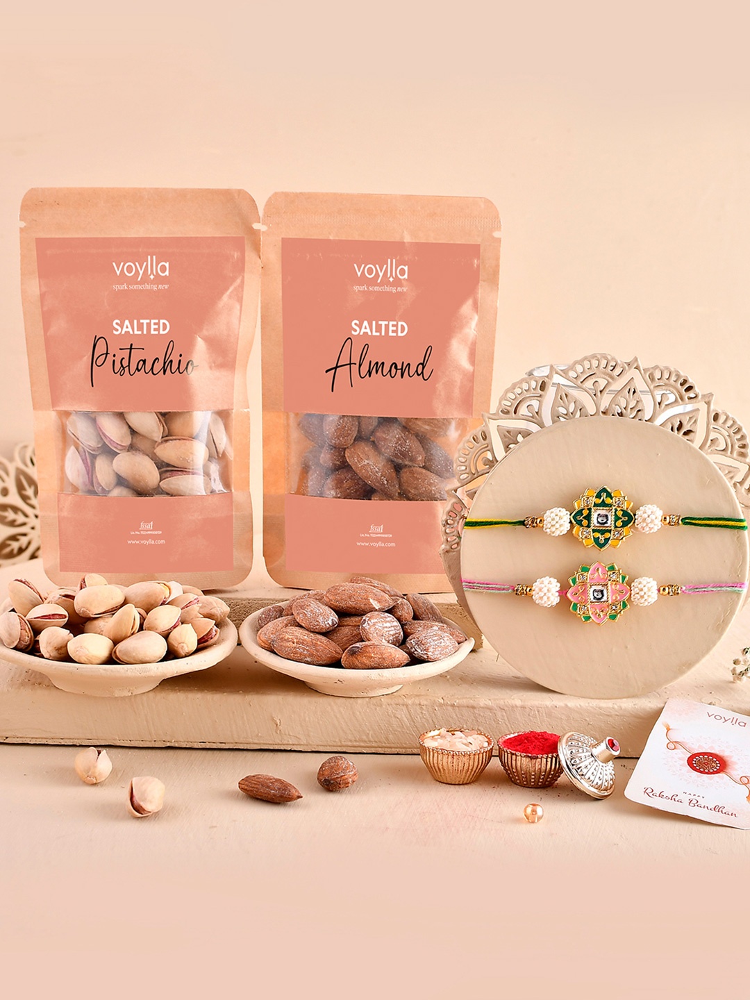 

Voylla Men Set Of 4 Rakhis with Salted Badam And Pista, Beige
