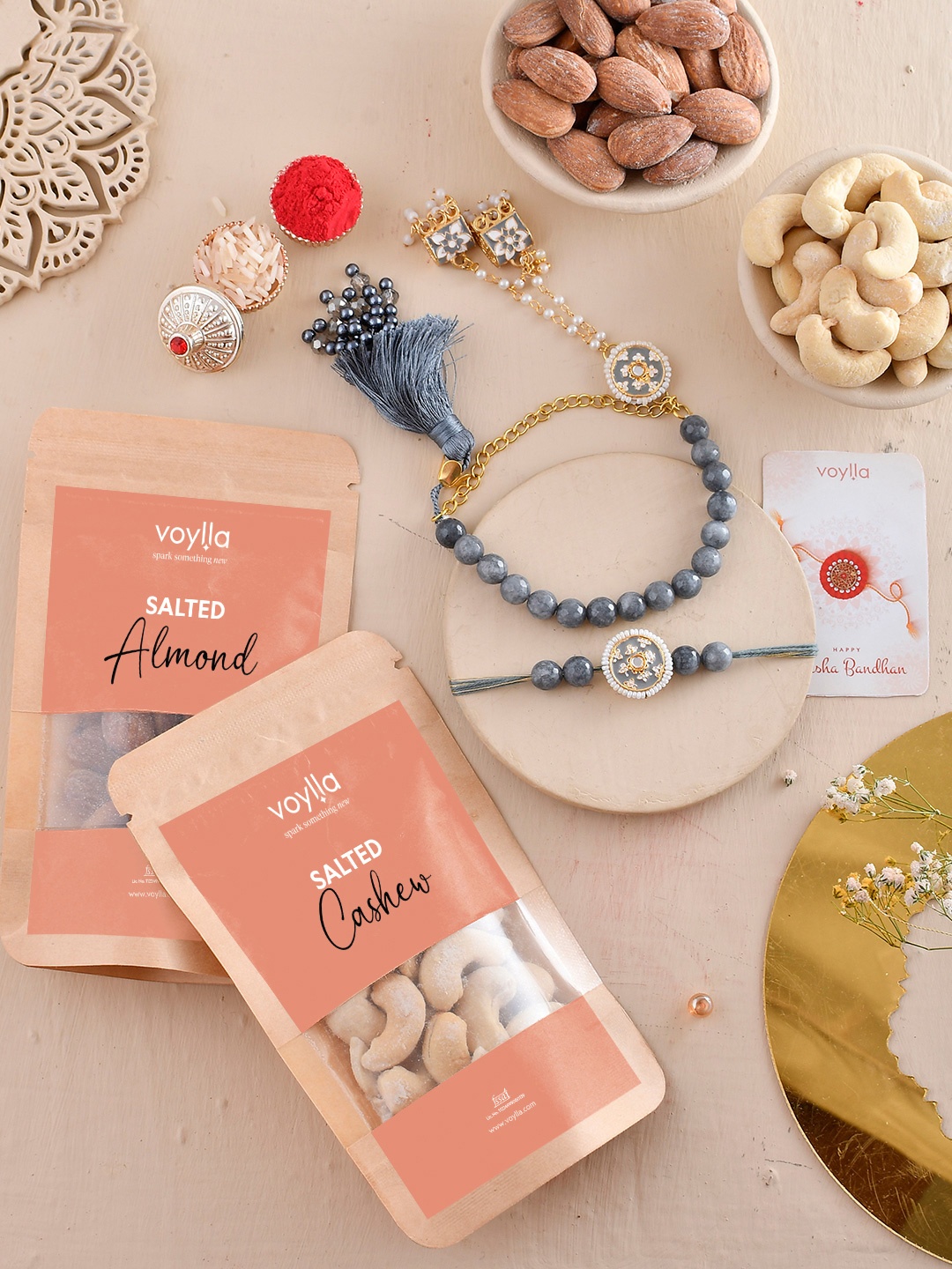

Voylla Set Of 2 Bhaiya Bhabhi Rakhis With Salted Kaju And Badam, Multi