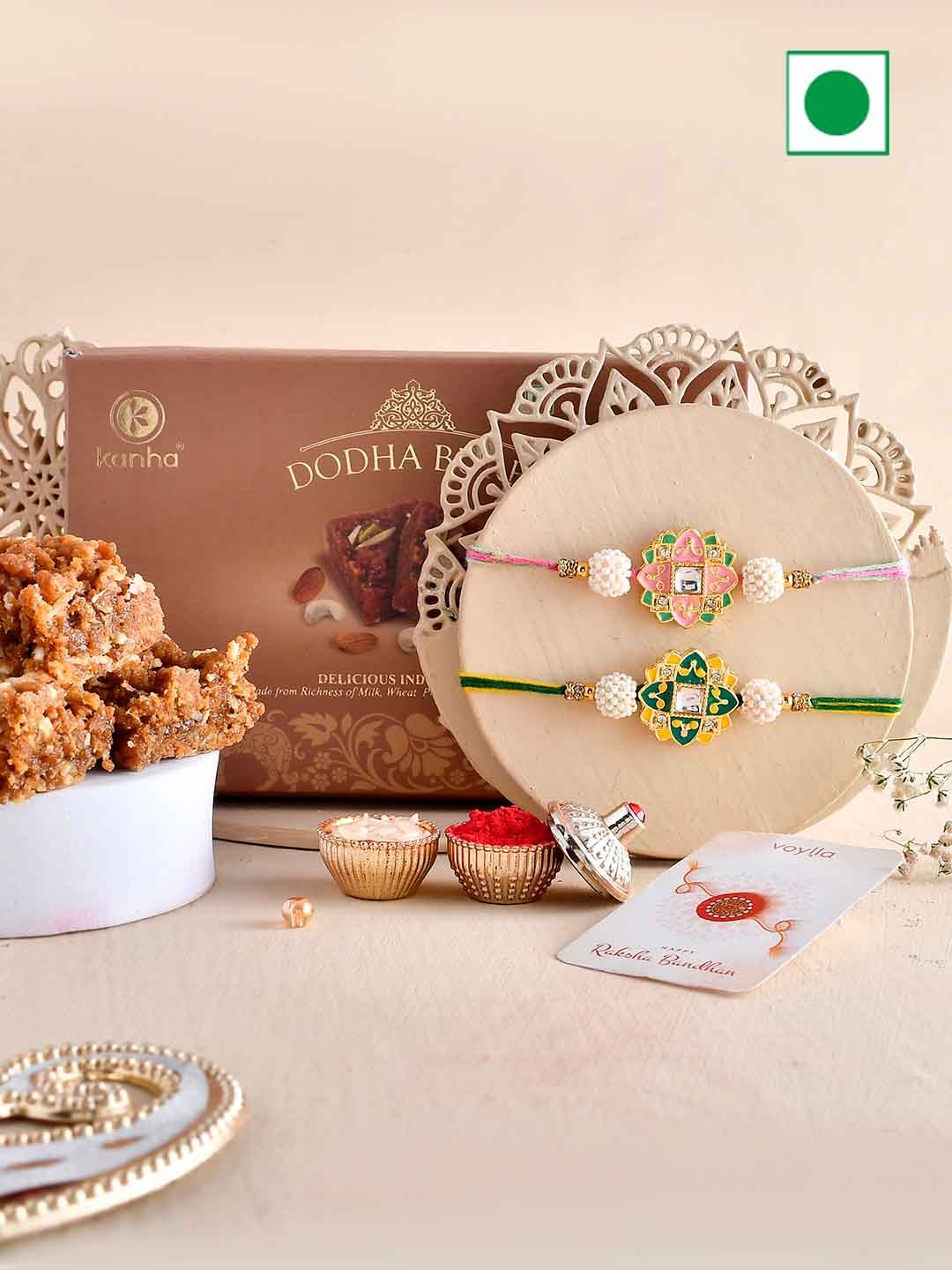 

Voylla Set Of 3 Rakhi comes with Doda Barfi 200gm, Beige