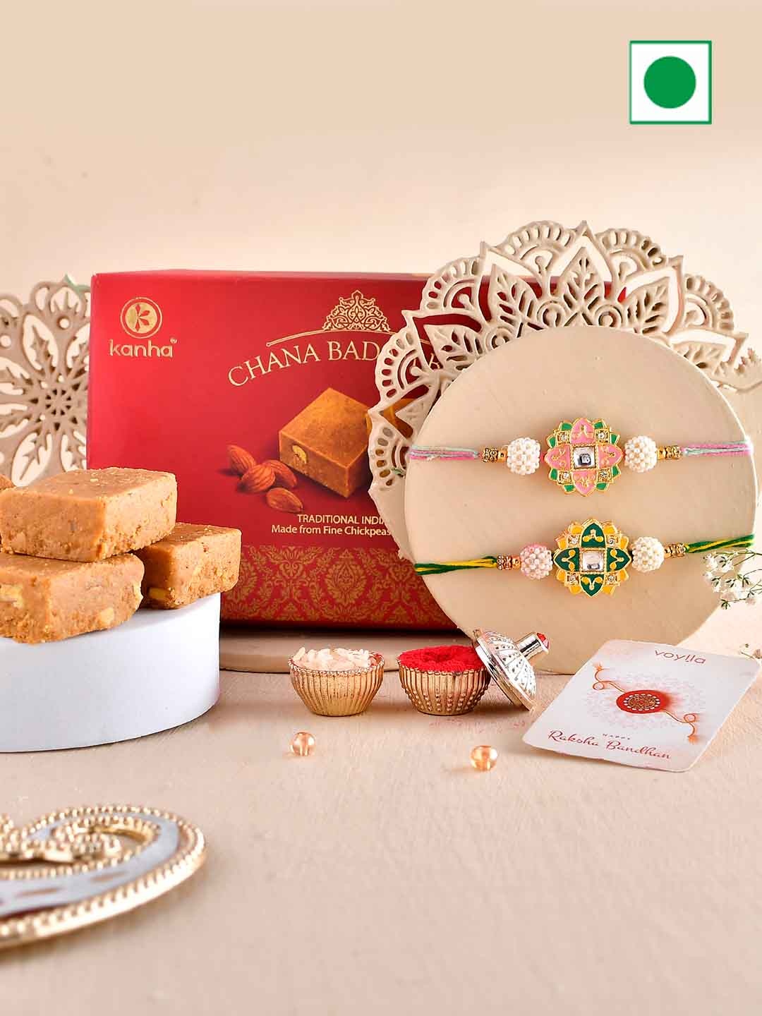 

Voylla Set Of 2 Rakhis With Chana Badam Barfi-250gm, Multi