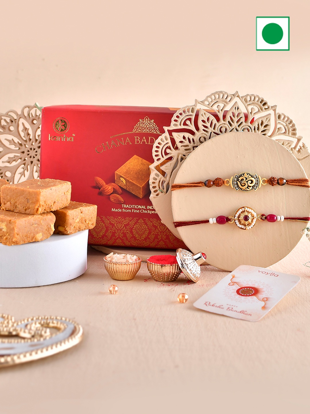 

Voylla Set Of 2 Rakhis With Chana Badam Barfi-250gm, Multi