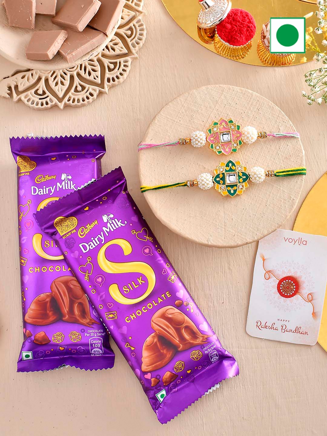 

Voylla Set Of 2 Rakhi With Chocolate, Green