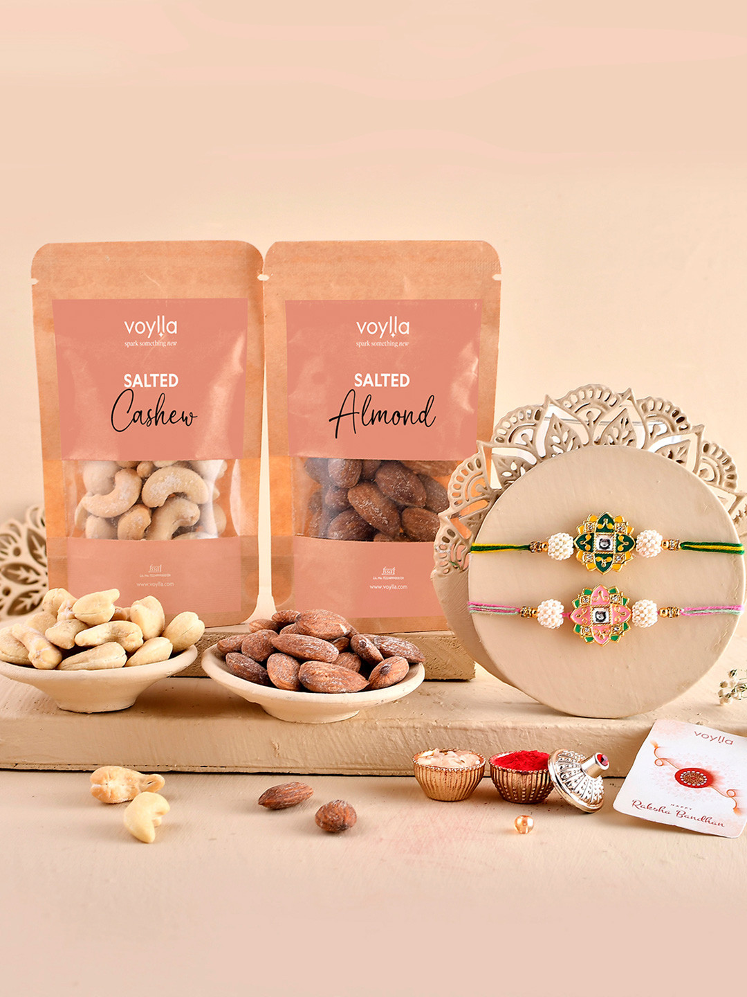 

Voylla Set Of 2 Rakhis With Salted Kaju And Badam, Multi