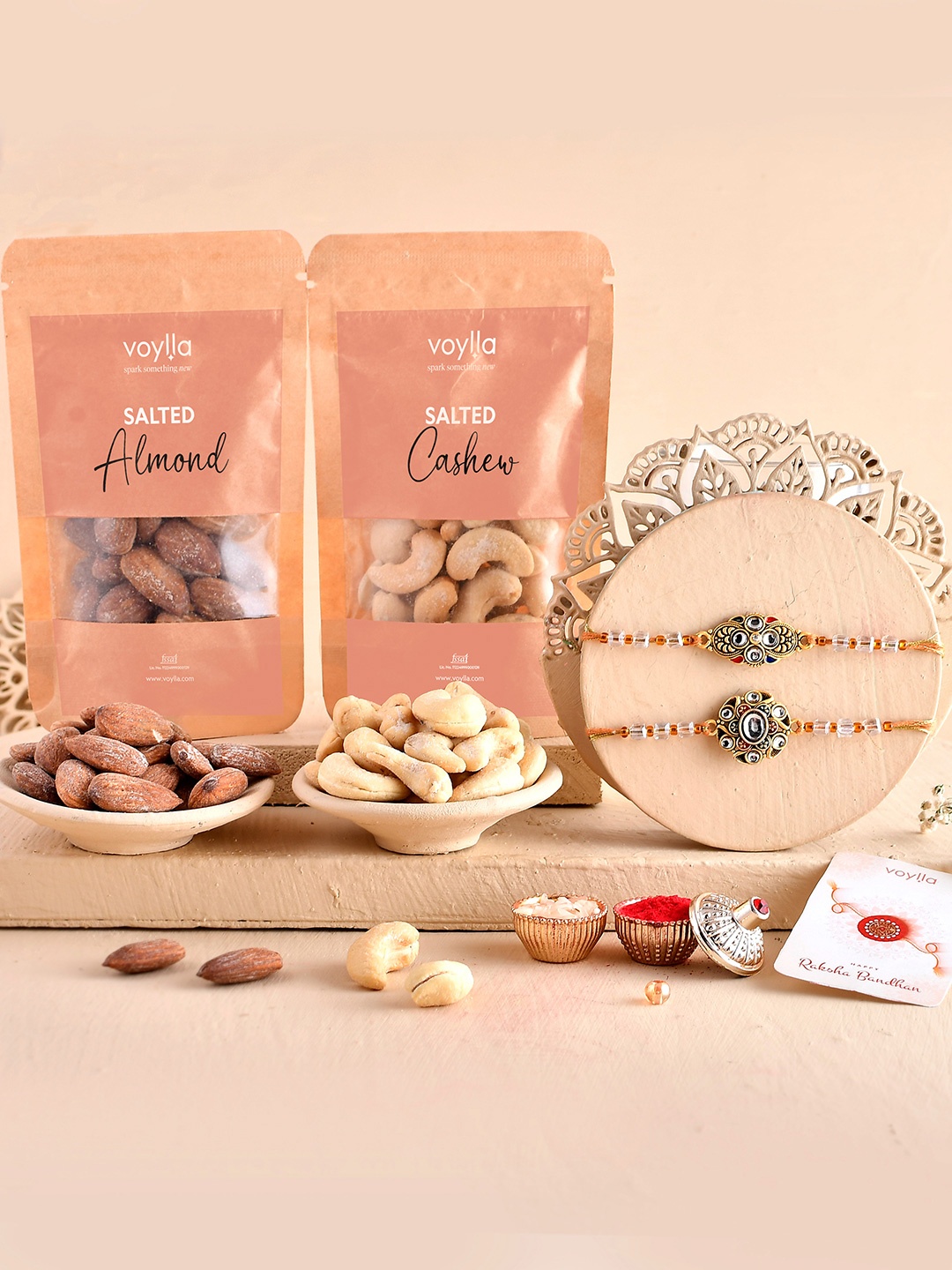 

Voylla Set Of 4 Rakhis with Salted Kaju And Badam, Beige