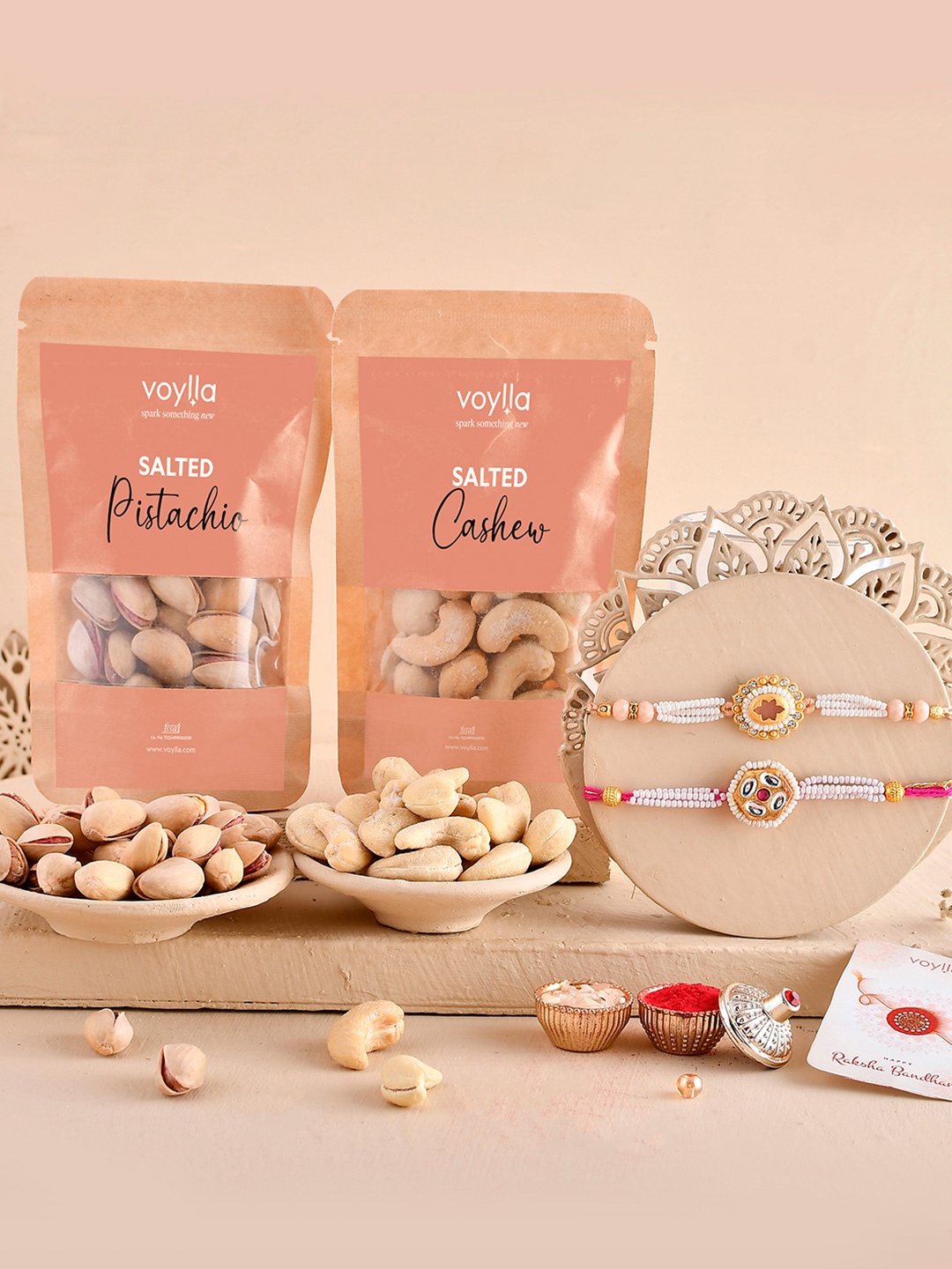 

Voylla Unisex Set Of 2 Rakhis With Salted Pista And Kaju, Peach