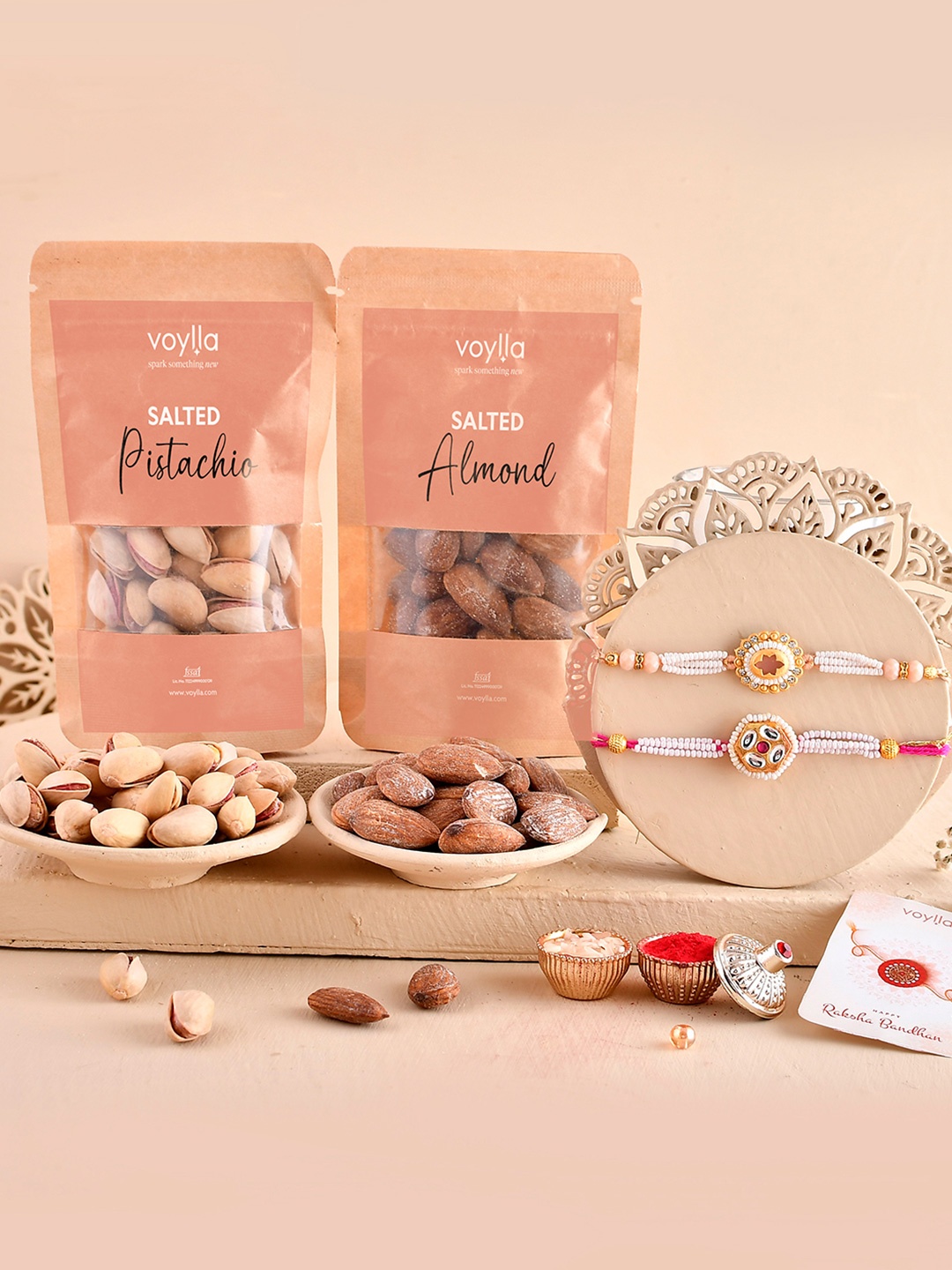 

Voylla Pack Of 2 Colourful Gems Traditional Men Rakhis With Salted Badam And Pista, Assorted