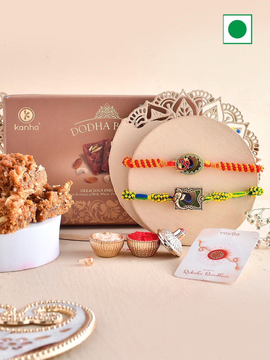 

Voylla Set Of 3 Rakhis With Doda Barfi 200gm, Beige