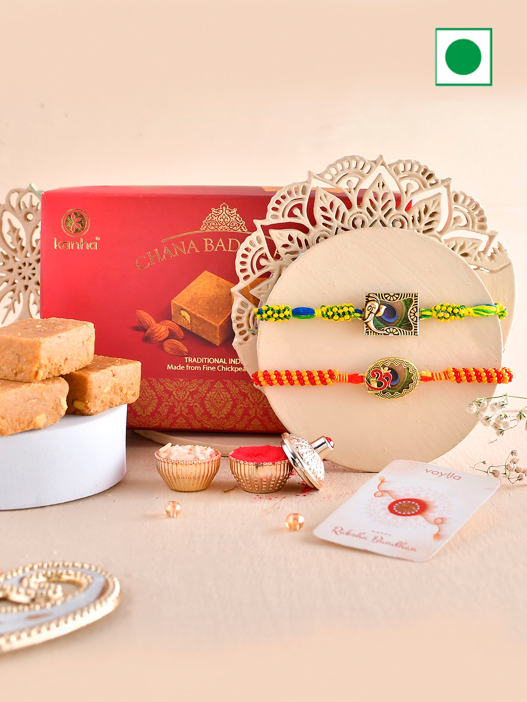 

Voylla Set Of 3 Rakhis With Chana Badam Barfi 250gm, Red