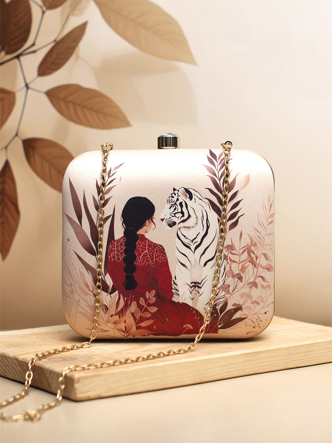 

ARTKLIM Lady With White Tiger Printed Box Clutch, Cream