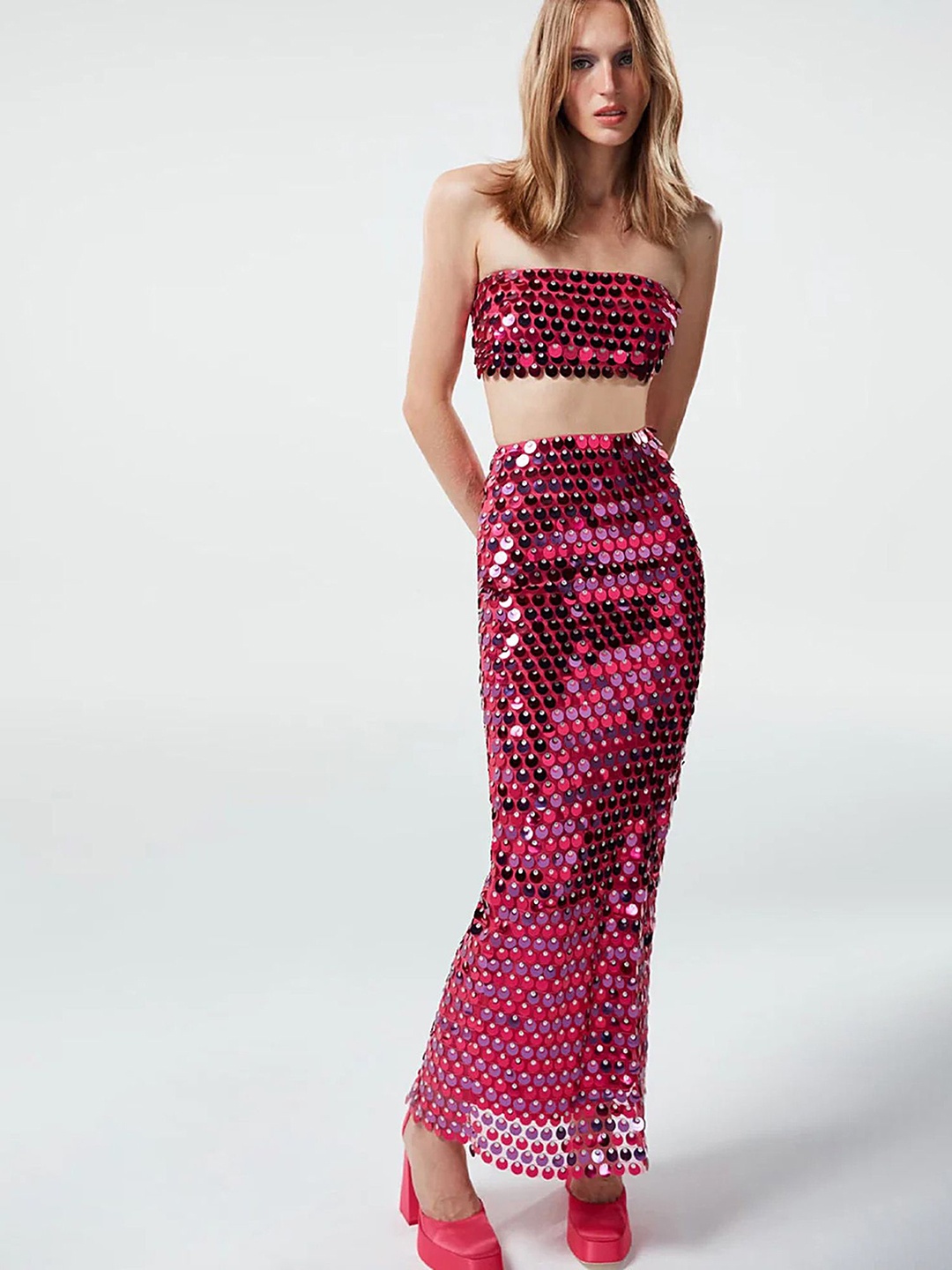 

LULU & SKY Embellished Strapless Tube Top With Skirt Co-Ords, Rose