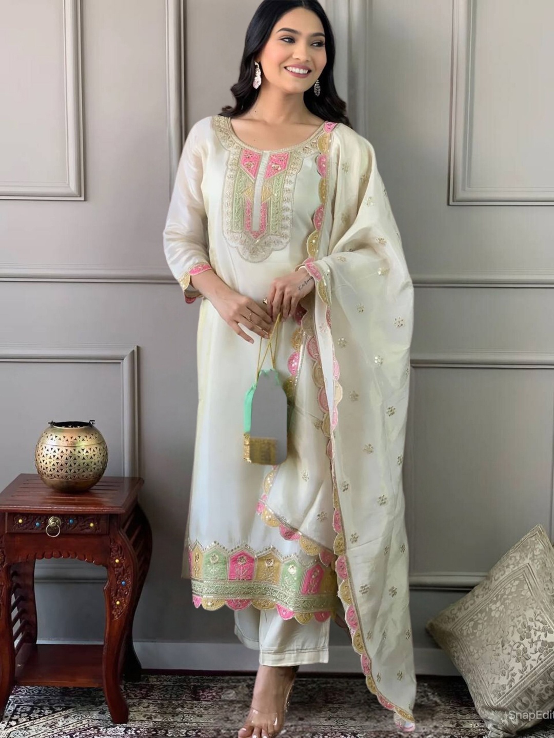 

KALINI Floral Embroidered Round Neck Sequinned Kurta With Trousers & Dupatta, Cream