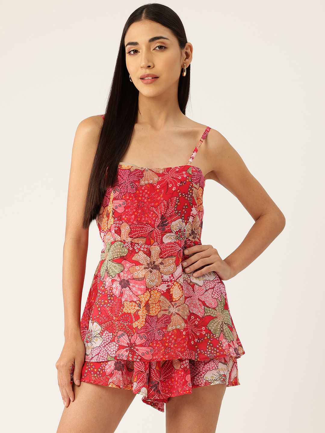 

Sleek Italia Printed with Layered Playsuit, Red