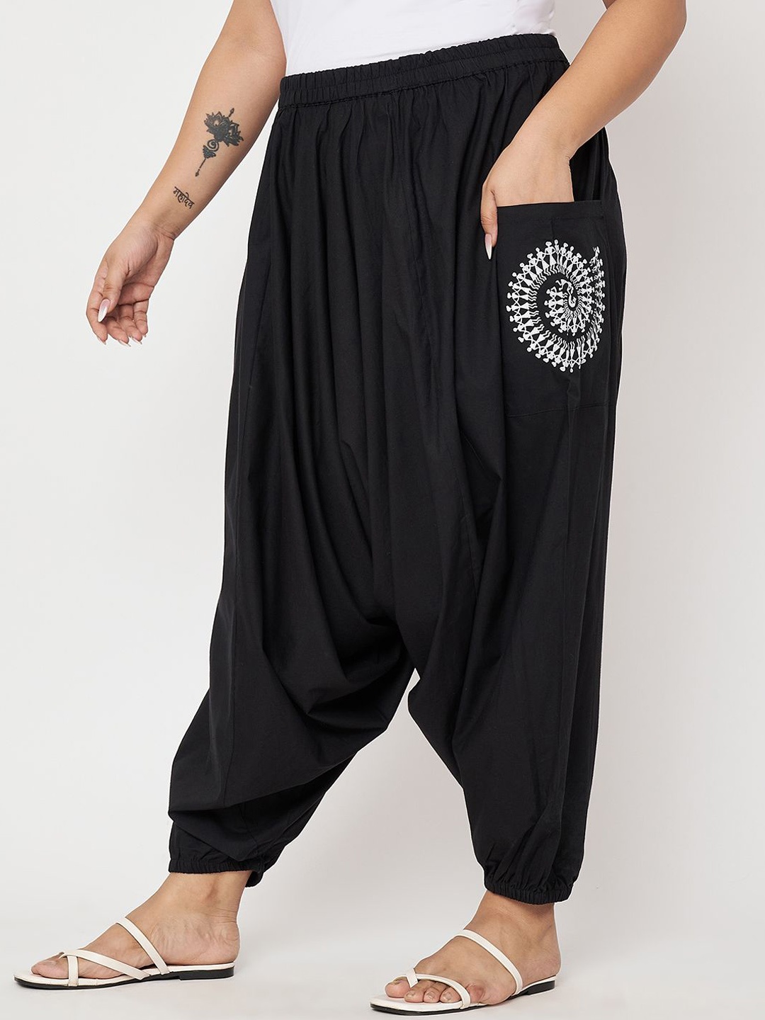 9rasa Women Cotton High-Rise Harem Pants, Black