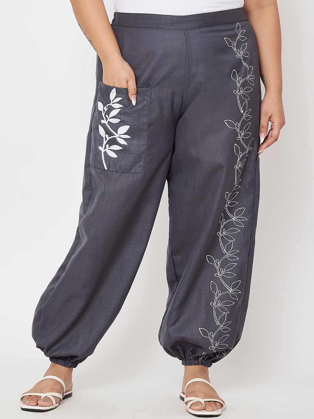 

9rasa Women Pure Cotton High Rise Slip-On Harem Pants, Grey