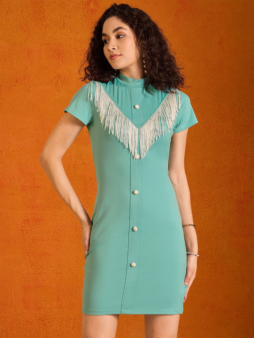 

KASSUALLY Mock Neck Short Sleeves Sheath Dress, Green
