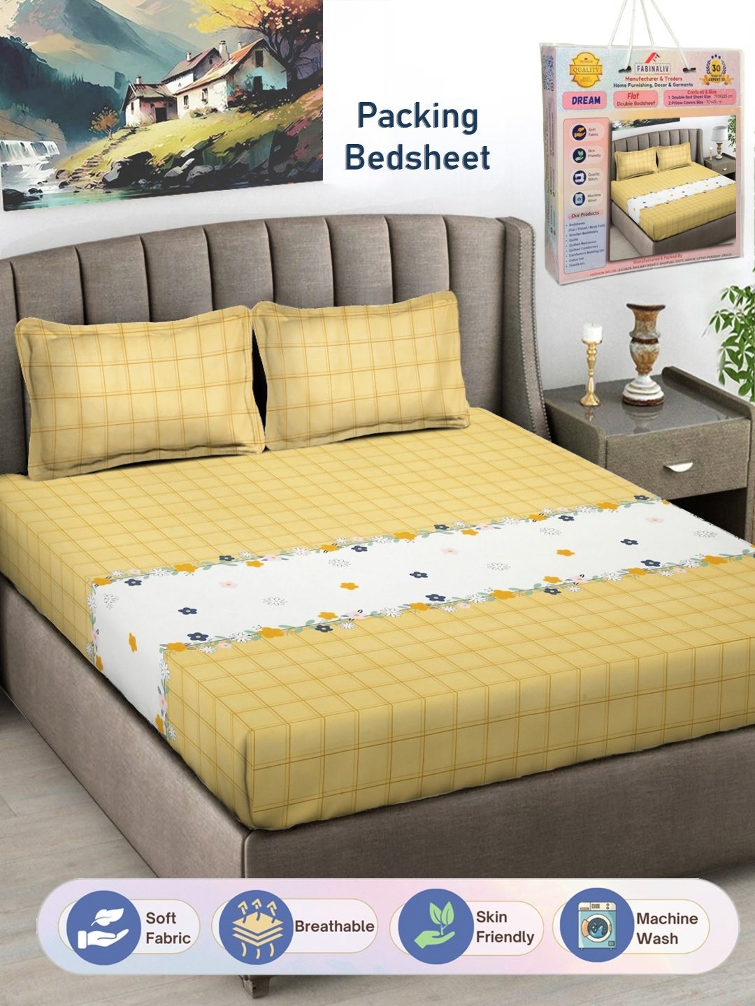 

FABINALIV Yellow & White Geometric 300 TC King Bedsheet with 2 Pillow Covers