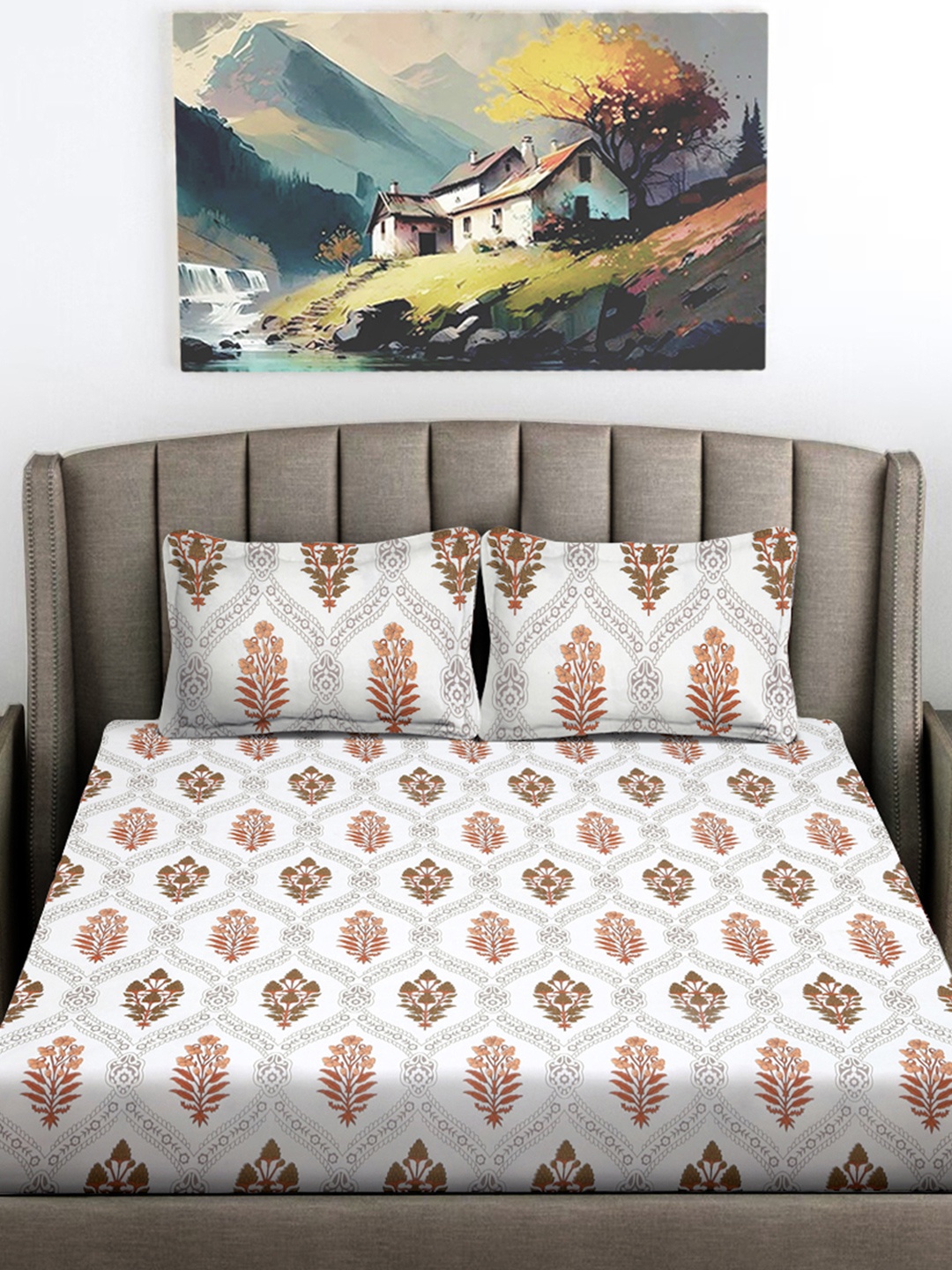 

FABINALIV White & Orange Floral Printed 300 TC King Bedsheet With 2 Pillow Covers