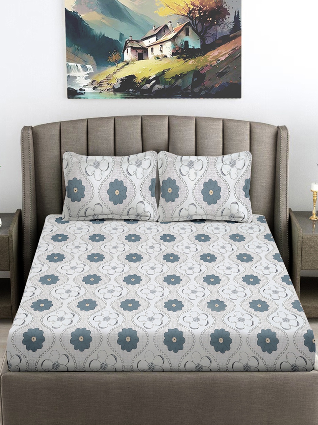 

FABINALIV White & Grey Floral 300 TC King Bedsheet with 2 Pillow Covers