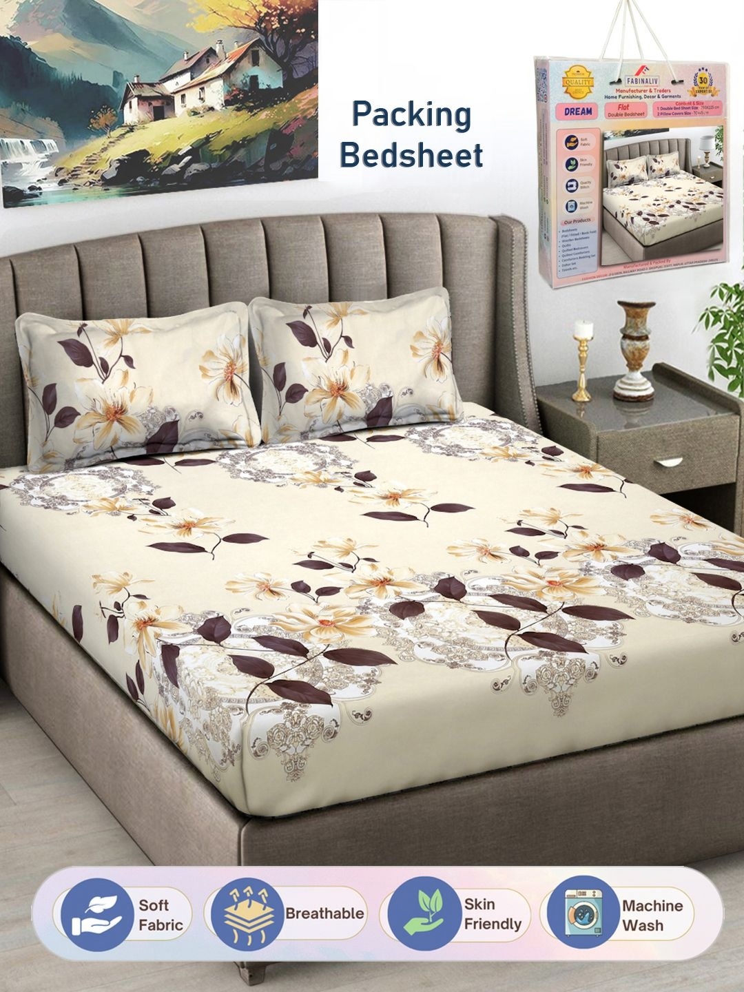 

FABINALIV Cream & Brown Floral Printed 300 TC King Bedsheet With 2 Pillow Covers
