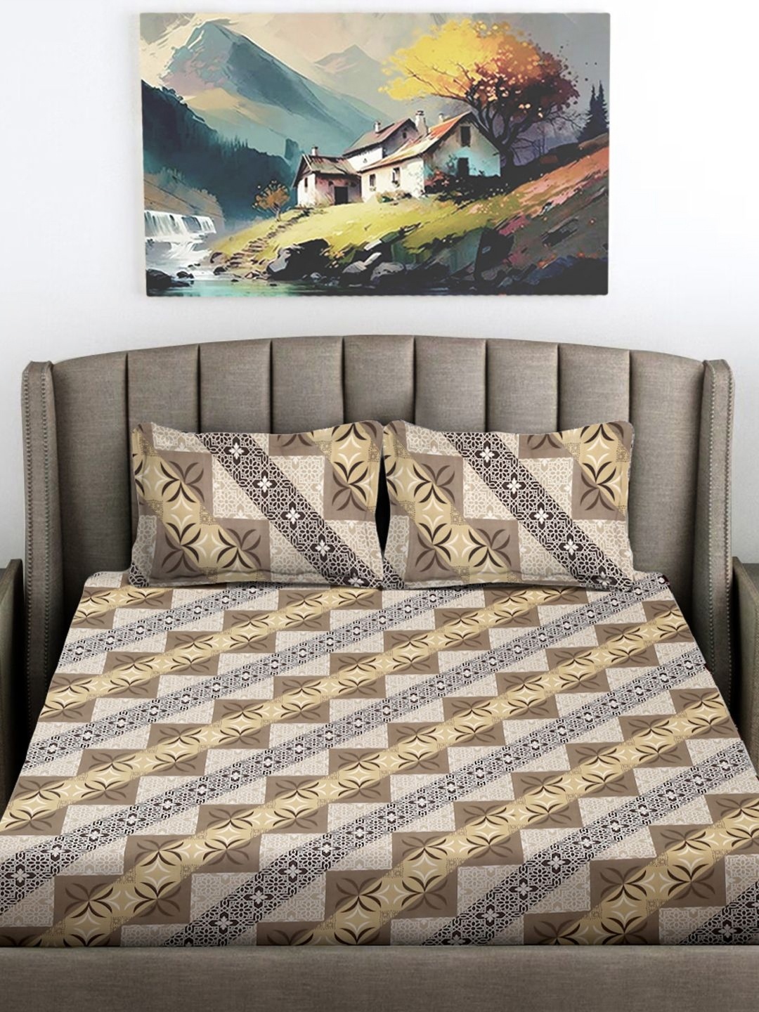 

FABINALIV Brown & White Geometric 300 TC King Bedsheet with 2 Pillow Covers