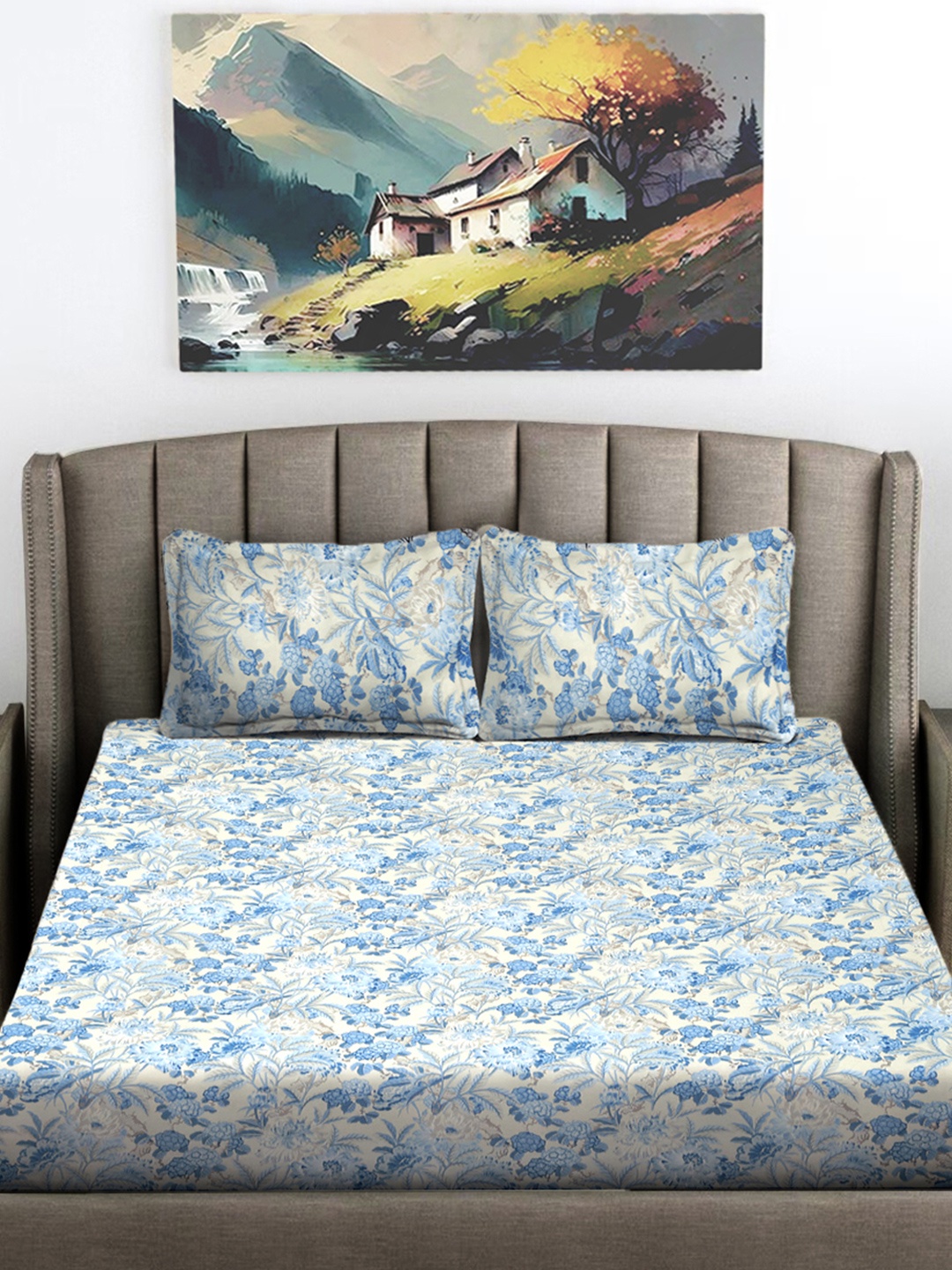 

FABINALIV Blue & Cream-Coloured Floral 300 TC King Bedsheet with 2 Pillow Covers