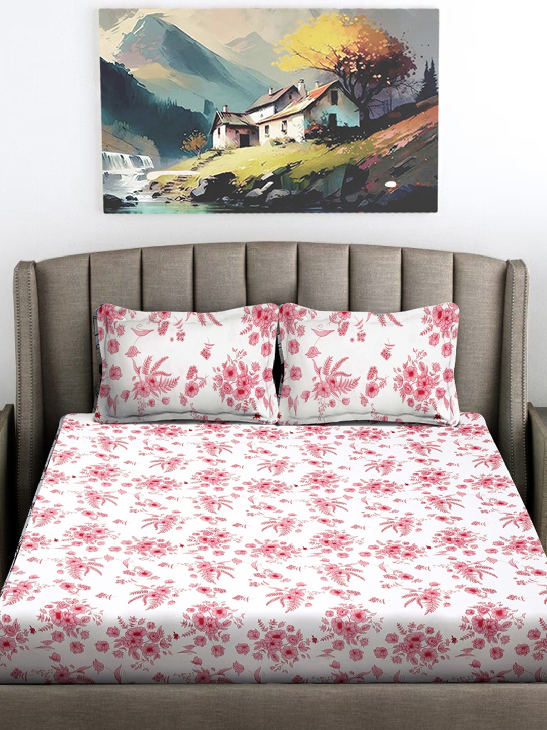 

FABINALIV White & Pink Floral 300 TC King Bedsheet with 2 Pillow Covers