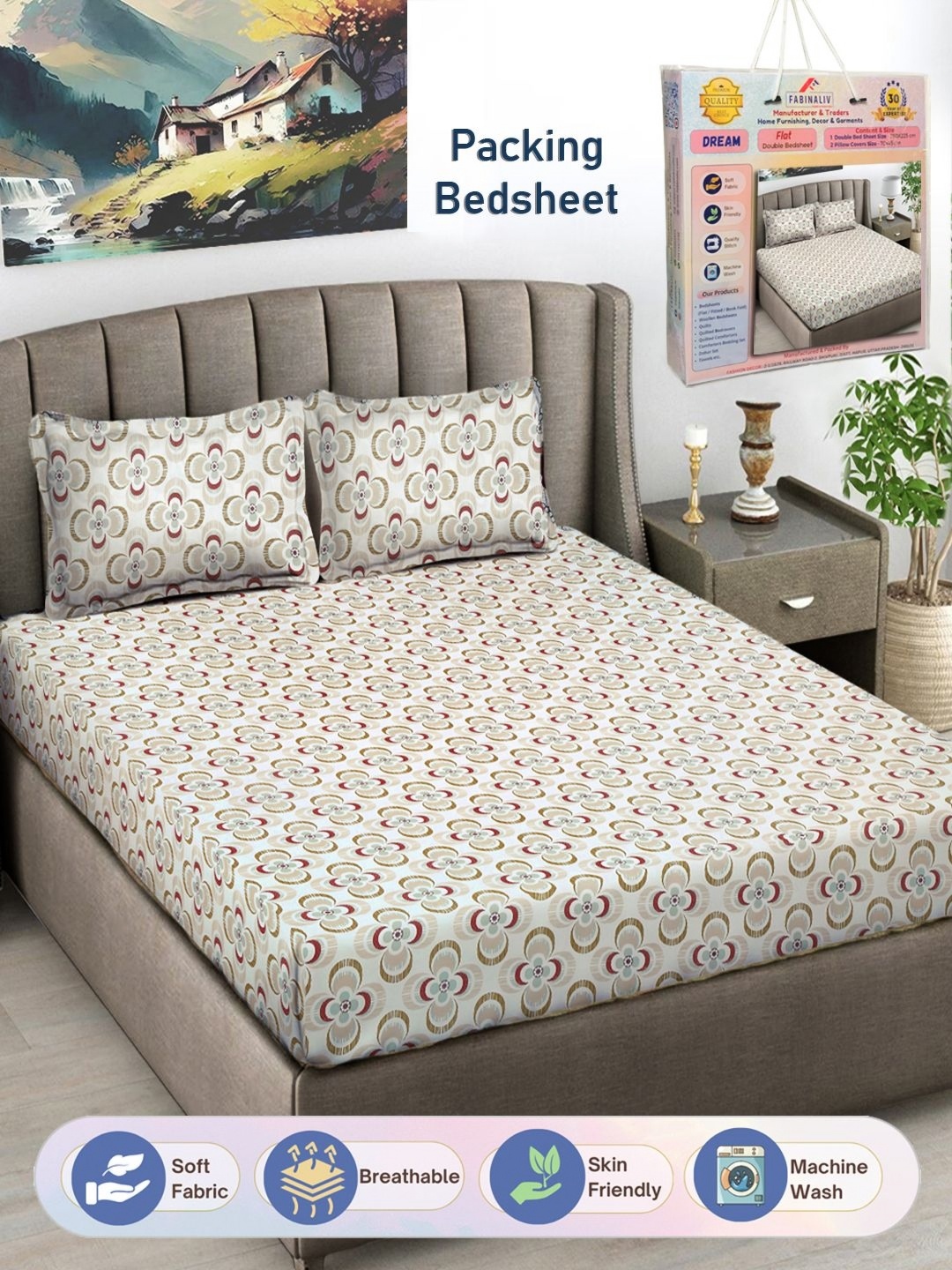 

FABINALIV White & Brown Floral 300 TC King Bedsheet with 2 Pillow Covers