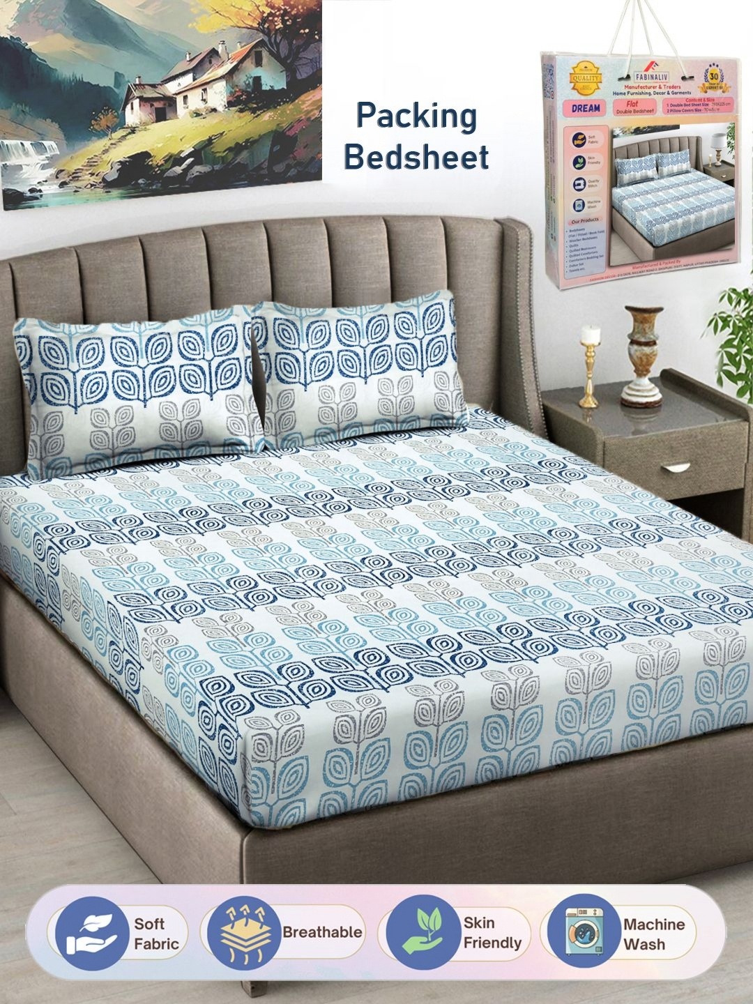 

FABINALIV White & Blue Floral 300 TC King Bedsheet with 2 Pillow Covers