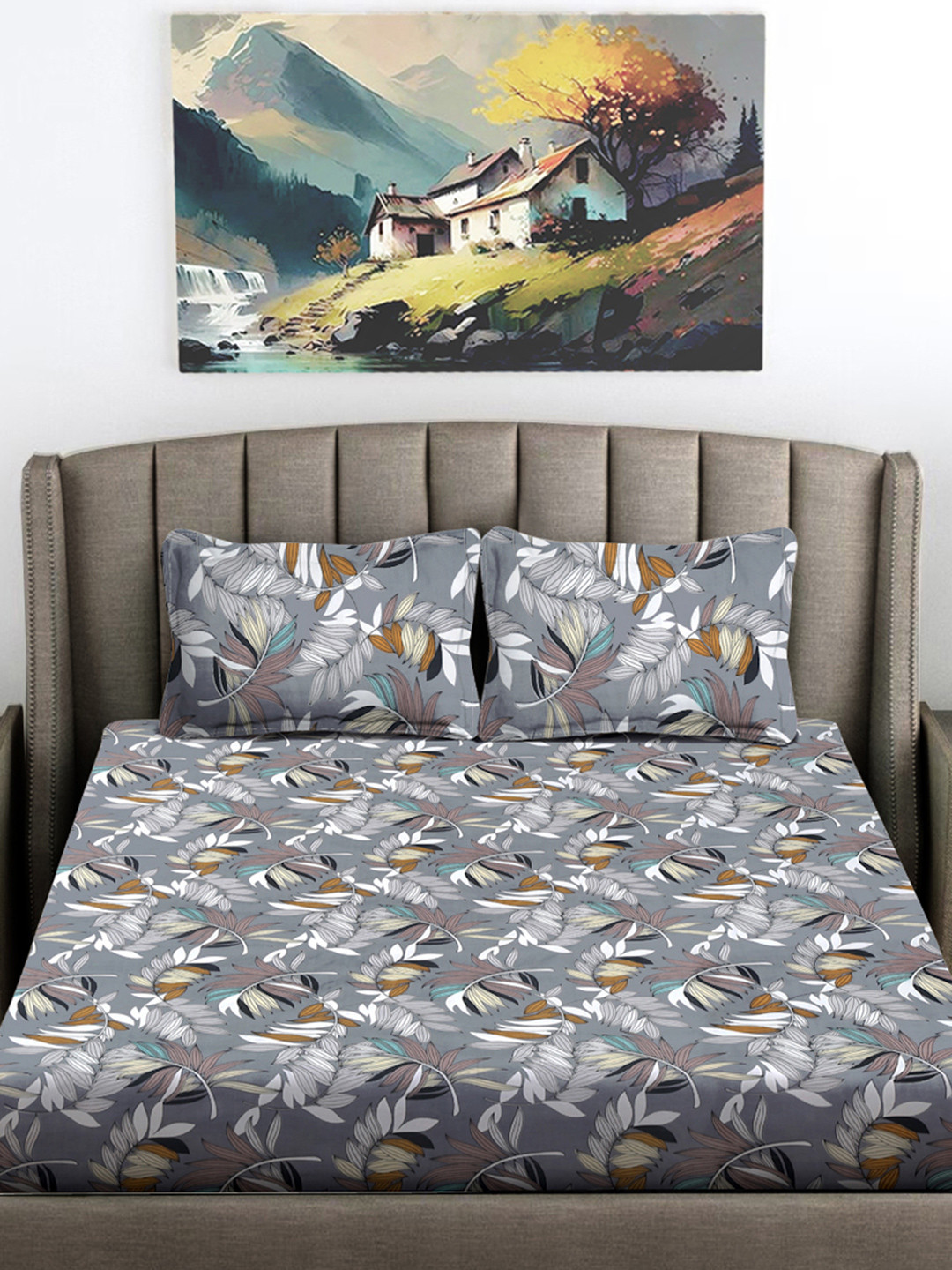 

FABINALIV Grey & White Floral Printed 300 TC King Bedsheet With 2 Pillow Covers