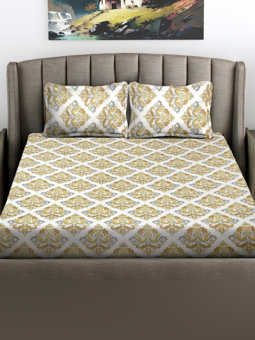 

FABINALIV White & Brown Ethnic Motifs Printed 300 TC King Bedsheet With 2 Pillow Covers