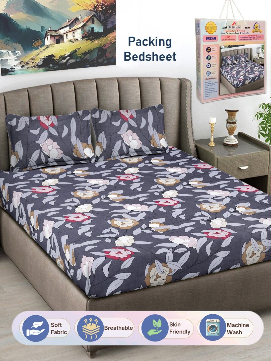 

FABINALIV Grey & White Floral Printed 300 TC King Bedsheet With 2 Pillow Covers
