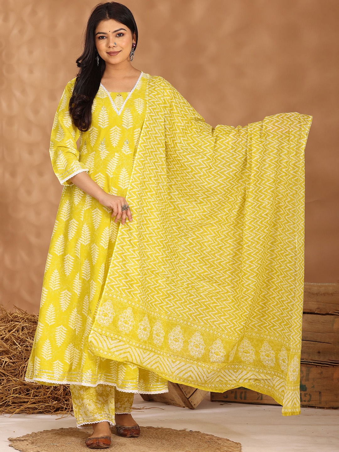 

PARTHVI Floral Printed Regular Thread Work Kurta with Trousers & Dupatta, Yellow