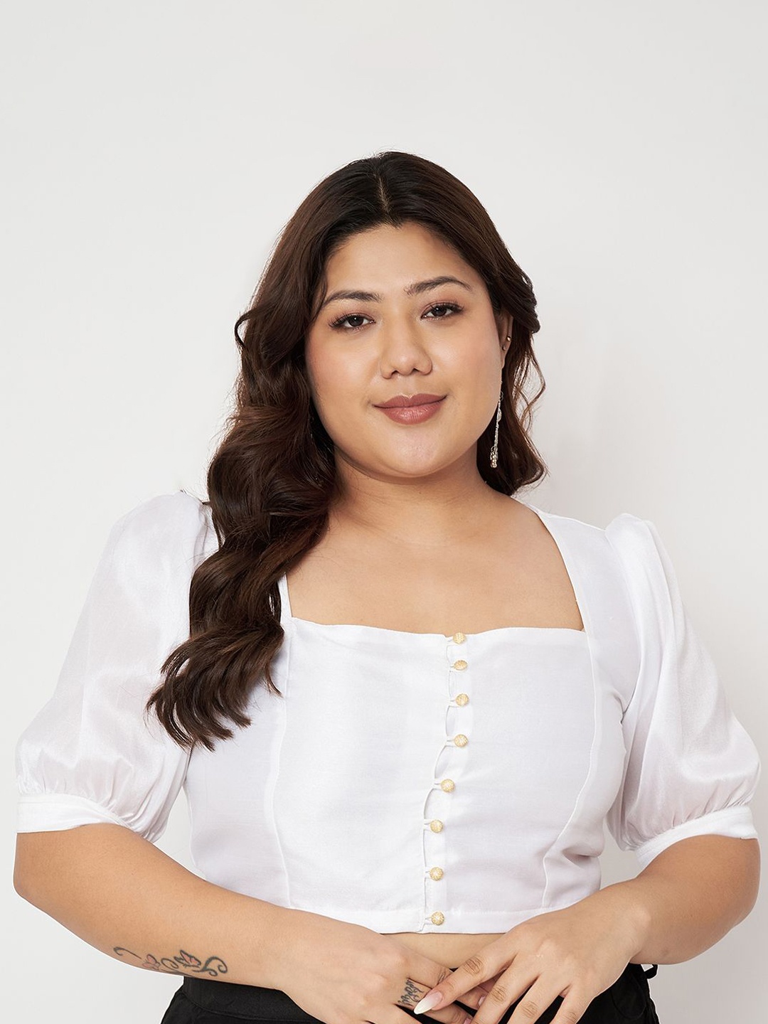 

studio rasa Plus Size Square Neck Puff Sleeves Saree Blouse, White