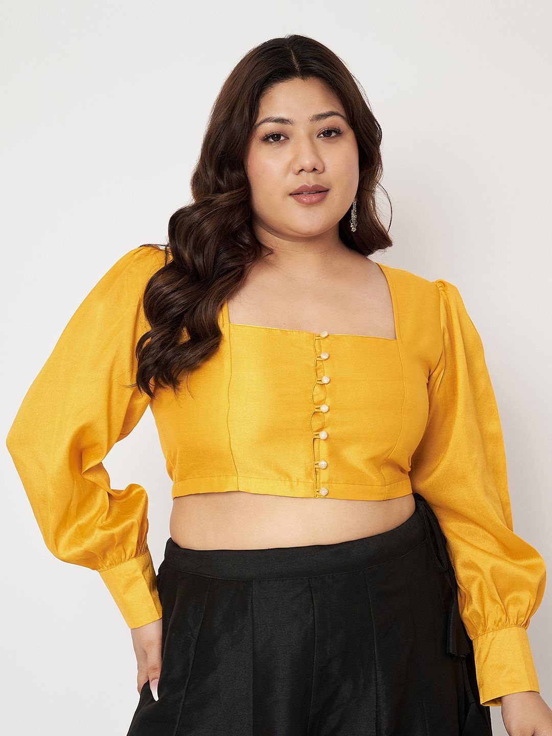 

studio rasa Plus Size Square Neck Long Sleeves Saree Blouse, Yellow