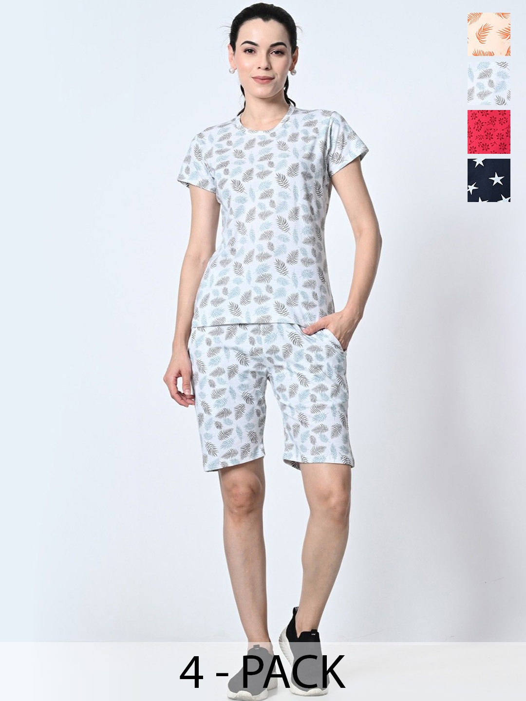 

BAESD Pack Of 4 Tropical Printed Short Sleeves Pure Cotton T-Shirt With Shorts, Blue