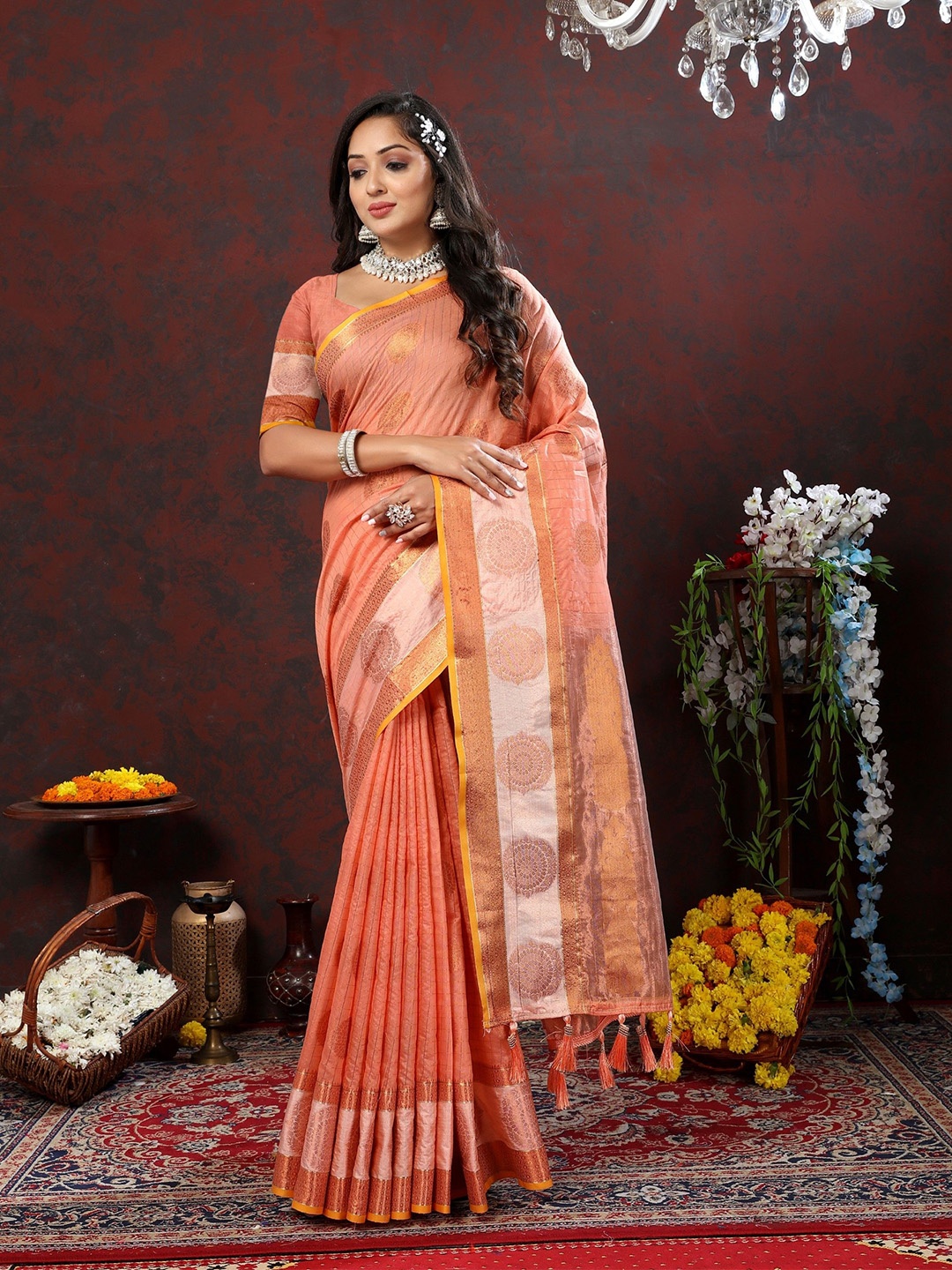 

Chandbaali Woven Design Zari Banarasi Saree, Peach