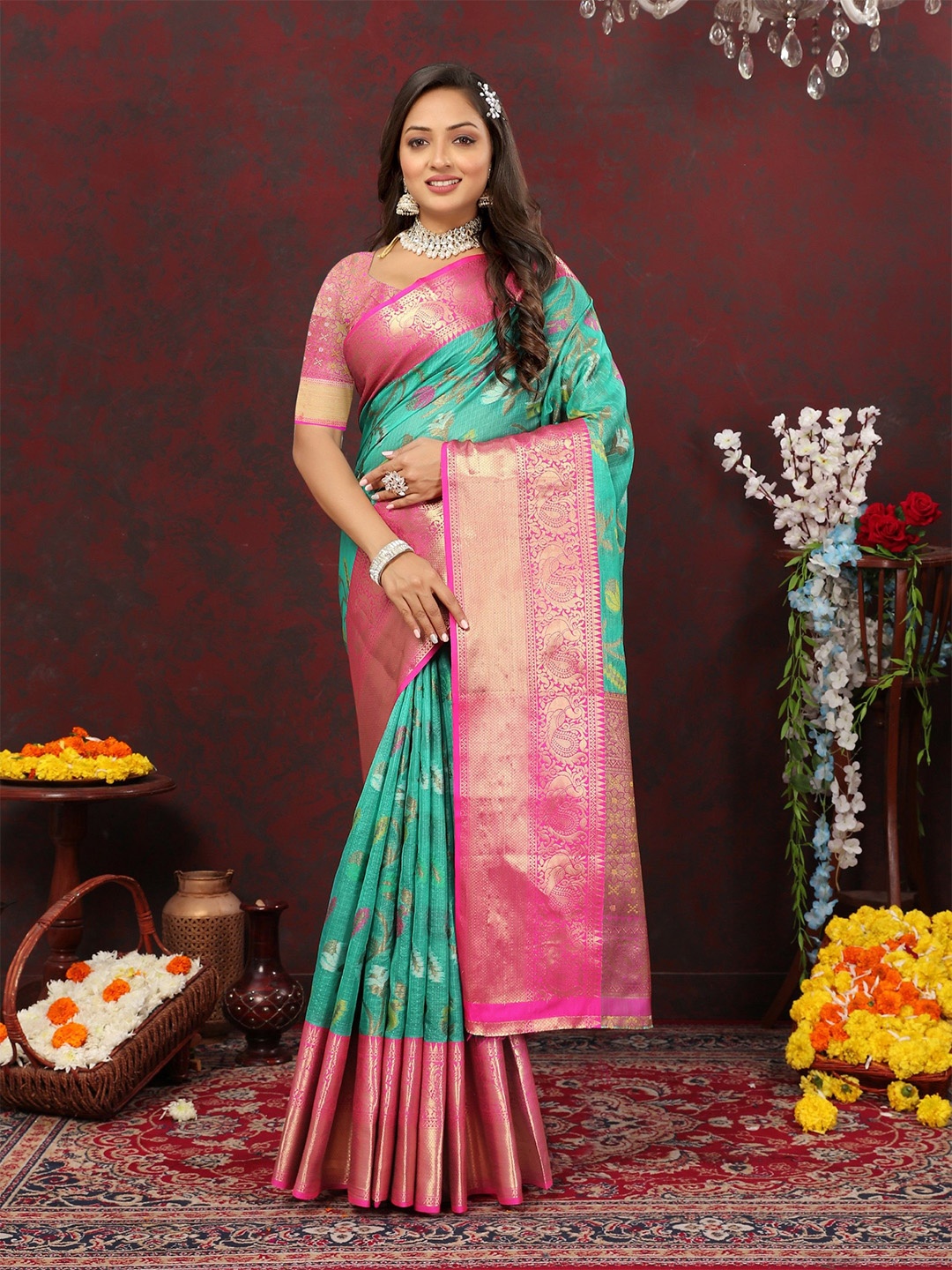 

Chandbaali Woven Design Zari Banarasi Saree, Green