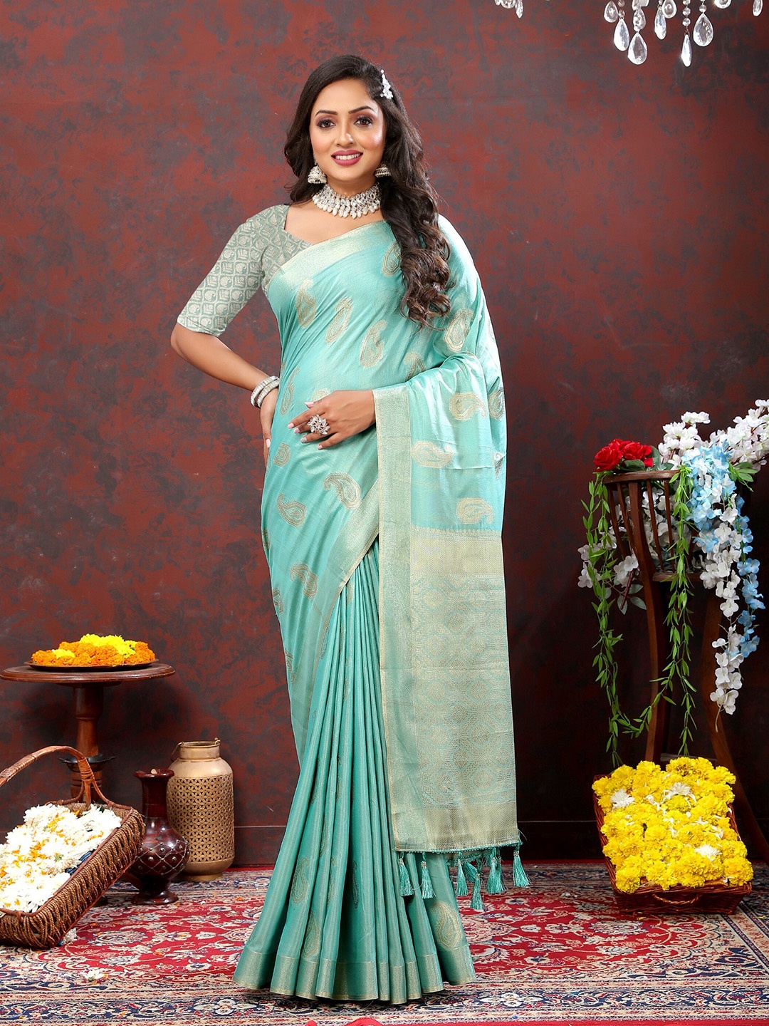 

Chandbaali Paisley Woven Design Zari Banarasi Saree, Turquoise blue