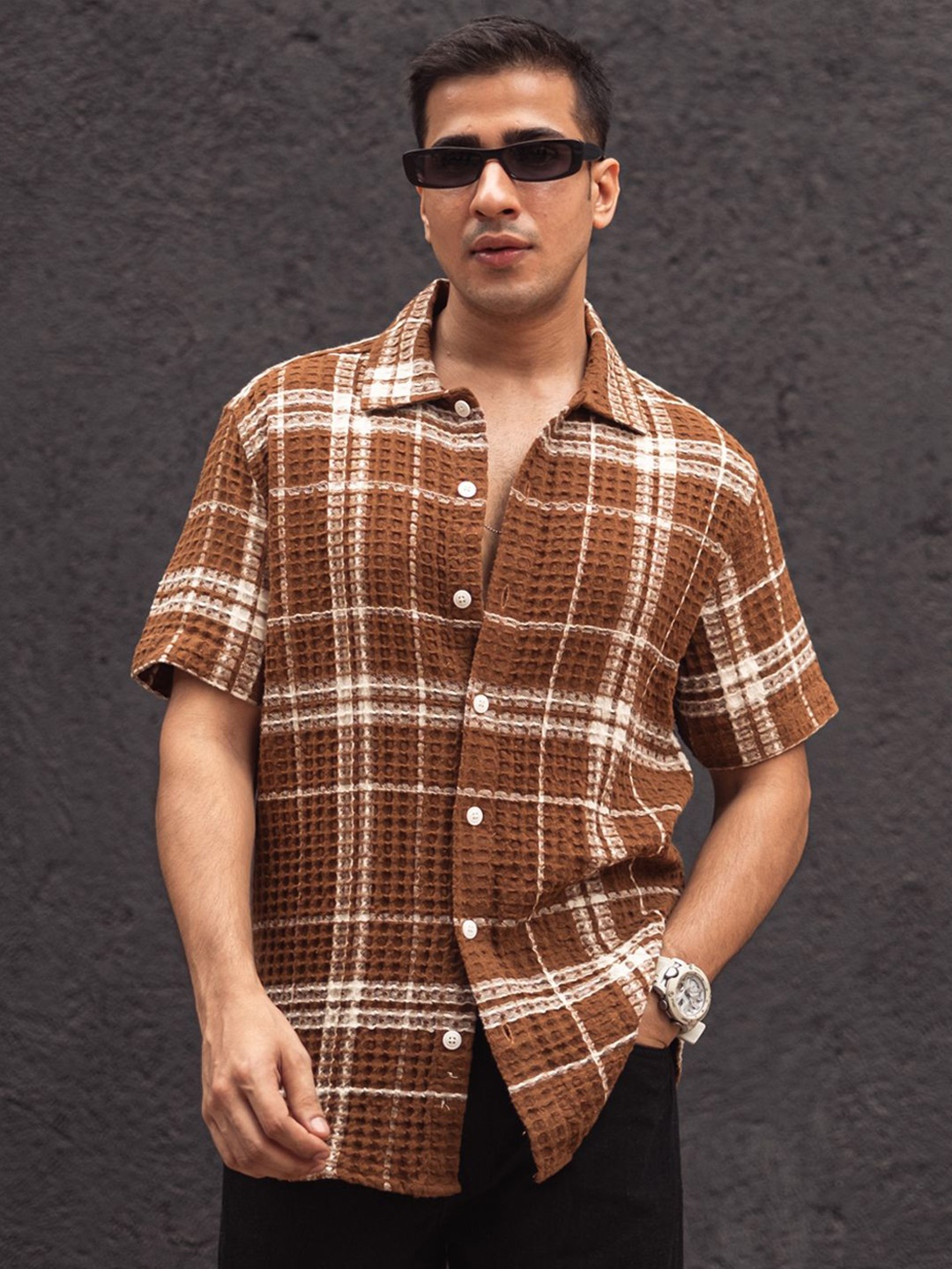 

Powerlook Men Self Design Spread Collar Casual Shirt, Brown