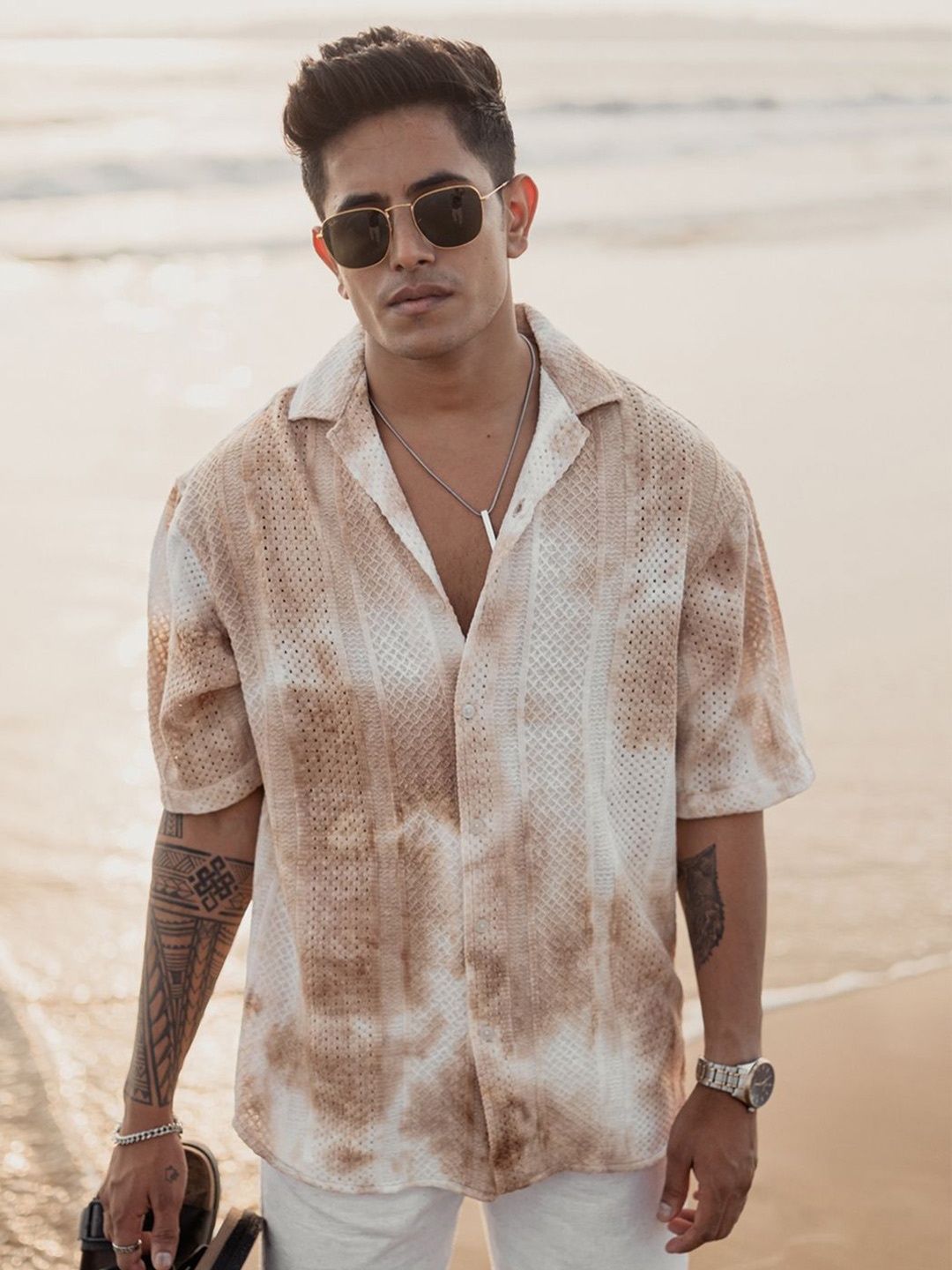 

Powerlook Men Self Design Cuban Collar Casual Shirt, Beige