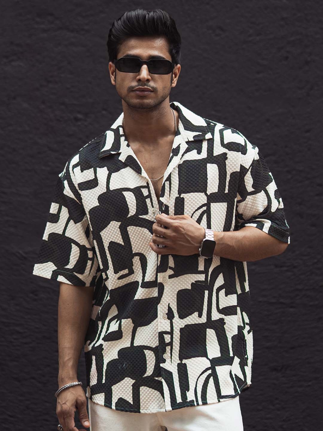 

Powerlook Men Abstract Printed Cuban Collar Casual Shirt, Black