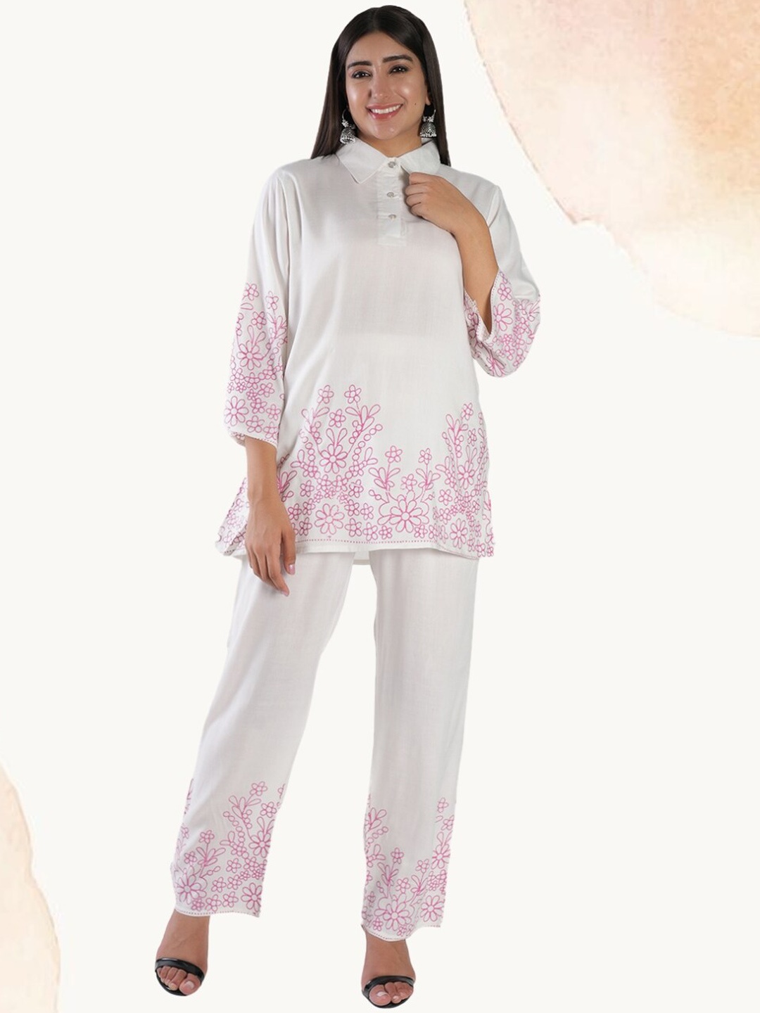 

BAESD Floral Printed Shirt Collar Top With Trousers, Pink