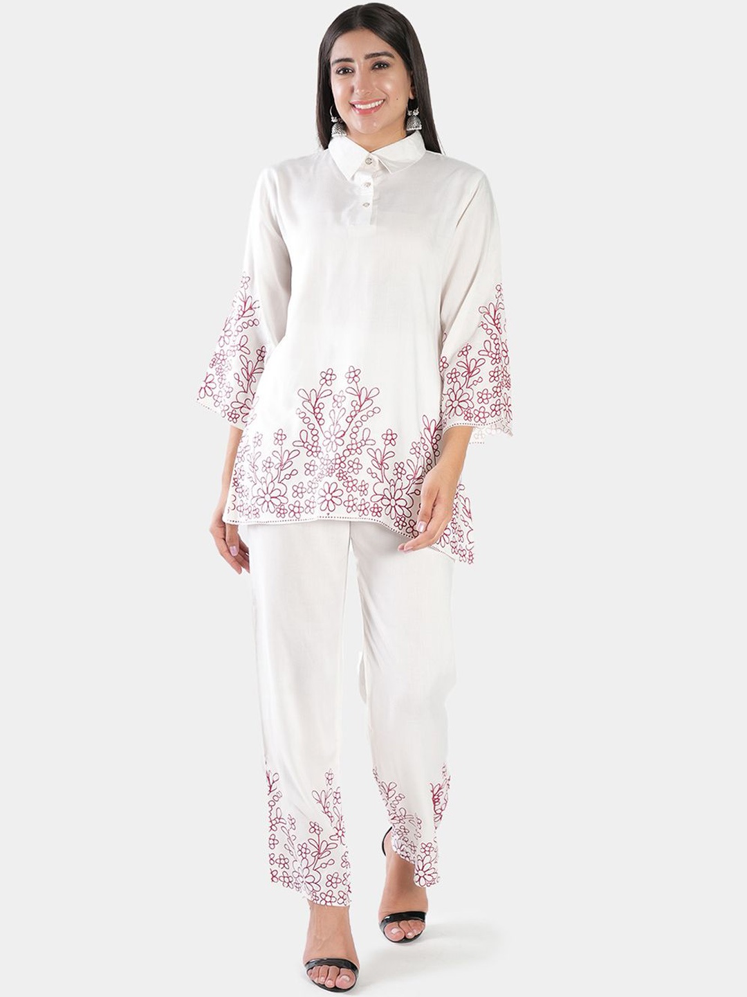 

BAESD Floral Printed Shirt Collar Tunic & Trousers, White